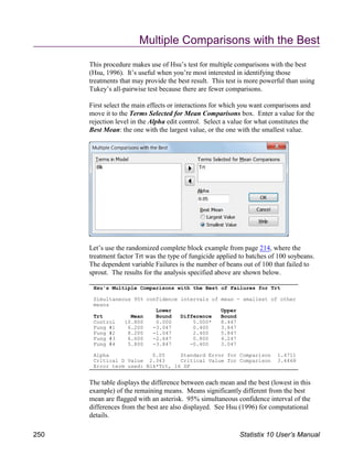 Hsu's Multiple Comparisons with the Best of Failures for Trt
Simultaneous 95% confidence intervals of mean - smallest of other
means
Lower Upper
Trt Mean Bound Difference Bound
Control 10.800 0.000 5.000* 8.447
Fung #1 6.200 -3.047 0.400 3.847
Fung #2 8.200 -1.047 2.400 5.847
Fung #3 6.600 -2.647 0.800 4.247
Fung #4 5.800 -3.847 -0.400 3.047
Alpha 0.05 Standard Error for Comparison 1.4711
Critical D Value 2.343 Critical Value for Comparison 3.4468
Error term used: Blk*Trt, 16 DF
Multiple Comparisons with the Best
This procedure makes use of Hsu’s test for multiple comparisons with the best
(Hsu, 1996). It’s useful when you’re most interested in identifying those
treatments that may provide the best result. This test is more powerful than using
Tukey’s all-pairwise test because there are fewer comparisons.
First select the main effects or interactions for which you want comparisons and
move it to the Terms Selected for Mean Comparisons box. Enter a value for the
rejection level in the Alpha edit control. Select a value for what constitutes the
Best Mean: the one with the largest value, or the one with the smallest value.
Let’s use the randomized complete block example from page 214, where the
treatment factor Trt was the type of fungicide applied to batches of 100 soybeans.
The dependent variable Failures is the number of beans out of 100 that failed to
sprout. The results for the analysis specified above are shown below.
The table displays the difference between each mean and the best (lowest in this
example) of the remaining means. Means significantly different from the best
mean are flagged with an asterisk. 95% simultaneous confidence interval of the
differences from the best are also displayed. See Hsu (1996) for computational
details.
250 Statistix 10 User’s Manual
 