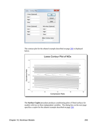 The contour plot for the ethanol example described on page 288 is displayed
below.
The Surface Coplot procedure produces conditioning plots of fitted surfaces for
models with two or three independent variables. The dialog box on the next page
specifies a coplot for the ethanol example described on page 288.
Chapter 10, Nonlinear Models 293
 