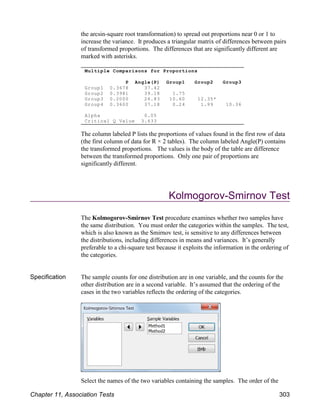 Multiple Comparisons for Proportions
P Angle(P) Group1 Group2 Group3
Group1 0.3678 37.42
Group2 0.3981 39.18 1.75
Group3 0.2000 26.83 10.60 12.35*
Group4 0.3600 37.18 0.24 1.99 10.36
Alpha 0.05
Critical Q Value 3.633
the arcsin-square root transformation) to spread out proportions near 0 or 1 to
increase the variance. It produces a triangular matrix of differences between pairs
of transformed proportions. The differences that are significantly different are
marked with asterisks.
The column labeled P lists the proportions of values found in the first row of data
(the first column of data for R × 2 tables). The column labeled Angle(P) contains
the transformed proportions. The values is the body of the table are difference
between the transformed proportions. Only one pair of proportions are
significantly different.
Kolmogorov-Smirnov Test
The Kolmogorov-Smirnov Test procedure examines whether two samples have
the same distribution. You must order the categories within the samples. The test,
which is also known as the Smirnov test, is sensitive to any differences between
the distributions, including differences in means and variances. It’s generally
preferable to a chi-square test because it exploits the information in the ordering of
the categories.
Specification The sample counts for one distribution are in one variable, and the counts for the
other distribution are in a second variable. It’s assumed that the ordering of the
cases in the two variables reflects the ordering of the categories.
Select the names of the two variables containing the samples. The order of the
Chapter 11, Association Tests 303
 
