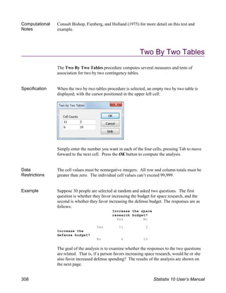 Increase the space
research budget?
Yes No
Yes 11 3
Increase the
defense budget?
No 6 10
Computational
Notes
Consult Bishop, Fienberg, and Holland (1975) for more detail on this test and
example.
Two By Two Tables
The Two By Two Tables procedure computes several measures and tests of
association for two by two contingency tables.
Specification When the two by two tables procedure is selected, an empty two by two table is
displayed, with the cursor positioned in the upper left cell:
Simply enter the number you want in each of the four cells, pressing Tab to move
forward to the next cell. Press the OK button to compute the analysis.
Data
Restrictions
The cell values must be nonnegative integers. All row and column totals must be
greater than zero. The individual cell values can’t exceed 99,999.
Example Suppose 30 people are selected at random and asked two questions. The first
question is whether they favor increasing the budget for space research, and the
second is whether they favor increasing the defense budget. The responses are as
follows:
The goal of the analysis is to examine whether the responses to the two questions
are related. That is, if a person favors increasing space research, would he or she
also favor increased defense spending? The results of the analysis are shown on
the next page.
308 Statistix 10 User’s Manual
 