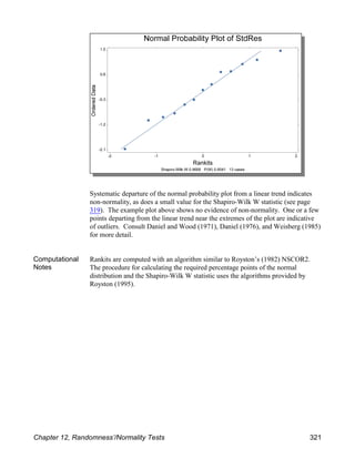 Systematic departure of the normal probability plot from a linear trend indicates
non-normality, as does a small value for the Shapiro-Wilk W statistic (see page
319). The example plot above shows no evidence of non-normality. One or a few
points departing from the linear trend near the extremes of the plot are indicative
of outliers. Consult Daniel and Wood (1971), Daniel (1976), and Weisberg (1985)
for more detail.
Computational
Notes
Rankits are computed with an algorithm similar to Royston’s (1982) NSCOR2.
The procedure for calculating the required percentage points of the normal
distribution and the Shapiro-Wilk W statistic uses the algorithms provided by
Royston (1995).
Chapter 12, Randomness’/Normality Tests 321
 