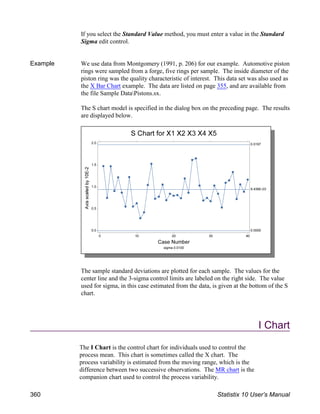 If you select the Standard Value method, you must enter a value in the Standard
Sigma edit control.
Example We use data from Montgomery (1991, p. 206) for our example. Automotive piston
rings were sampled from a forge, five rings per sample. The inside diameter of the
piston ring was the quality characteristic of interest. This data set was also used as
the X Bar Chart example. The data are listed on page 355, and are available from
the file Sample DataPistons.sx.
The S chart model is specified in the dialog box on the preceding page. The results
are displayed below.
The sample standard deviations are plotted for each sample. The values for the
center line and the 3-sigma control limits are labeled on the right side. The value
used for sigma, in this case estimated from the data, is given at the bottom of the S
chart.
I Chart
The I Chart is the control chart for individuals used to control the
process mean. This chart is sometimes called the X chart. The
process variability is estimated from the moving range, which is the
difference between two successive observations. The MR chart is the
companion chart used to control the process variability.
360 Statistix 10 User’s Manual
 