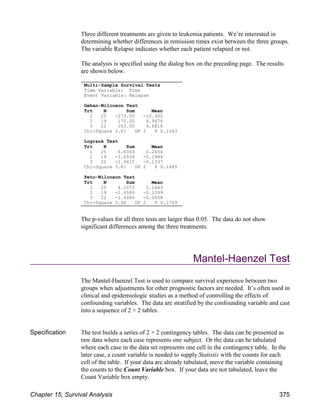 Three different treatments are given to leukemia patients. We’re interested in
determining whether differences in remission times exist between the three groups.
The variable Relapse indicates whether each patient relapsed or not.
The analysis is specified using the dialog box on the preceding page. The results
are shown below.
The p-values for all three tests are larger than 0.05. The data do not show
significant differences among the three treatments.
Mantel-Haenzel Test
The Mantel-Haenzel Test is used to compare survival experience between two
groups when adjustments for other prognostic factors are needed. It’s often used in
clinical and epidemiologic studies as a method of controlling the effects of
confounding variables. The data are stratified by the confounding variable and cast
into a sequence of 2 × 2 tables.
Specification The test builds a series of 2 × 2 contingency tables. The data can be presented as
raw data where each case represents one subject. Or the data can be tabulated
where each case in the data set represents one cell in the contingency table. In the
later case, a count variable is needed to supply Statistix with the counts for each
cell of the table. If your data are already tabulated, move the variable containing
the counts to the Count Variable box. If your data are not tabulated, leave the
Count Variable box empty.
Multi-Sample Survival Tests
Time Variable: Time
Event Variable: Relapse
Gehan-Wilcoxon Test
Trt N Sum Mean
1 25 -273.00 -10.920
2 19 170.00 8.9474
3 22 103.00 4.6818
Chi-Square 3.61 DF 2 P 0.1643
Logrank Test
Trt N Sum Mean
1 25 6.6349 0.2654
2 19 -3.6934 -0.1944
3 22 -2.9415 -0.1337
Chi-Square 3.81 DF 2 P 0.1485
Peto-Wilcoxon Test
Trt N Sum Mean
1 25 4.1072 0.1643
2 19 -2.6586 -0.1399
3 22 -1.4486 -0.0658
Chi-Square 3.46 DF 2 P 0.1769
Chapter 15, Survival Analysis 375
 