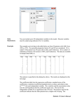 Data
Restrictions
You can include up to 50 independent variables in the model. Discrete variables
must be coded using indicator (0 or 1) variables.
Example The example survival data in the table below are from 30 patients with AML (Lee,
1992, p. 257). Two possible prognostic factors X1 and X2 are considered. X1 is
coded 1 if the patient was 50 years old or older, and 0 otherwise. X2 is coded 1 if
cellularity of marrow clot section is 100%, and 0 otherwise. The data are available
in Sample DataAML.sx.
The analysis is specified in the dialog box above. The results are displayed on the
next page.
The coefficient table lists the regression coefficients, standard errors of the
coefficients, z-statistics (coefficient/standard error), p-values, and relative risks
(e ) for each independent variable. The z-statistic and the associated p-value
coefficient
tests the null hypothesis that the coefficient equals zero. The test for the
independent variable X1 is significant at the .05 level. The positive sign for the
coefficient indicate that the older patients have a higher risk of dying. The
Case Time DIED X1 X2 Case Time DIED X1 X2
1 18 1 0 0 16 8 1 1 0
2 9 1 0 1 17 2 1 1 1
3 28 0 0 0 18 26 0 1 0
4 31 1 0 1 19 10 1 1 1
5 39 0 0 1 20 4 1 1 0
6 19 0 0 1 21 3 1 1 0
7 45 0 0 1 22 4 1 1 0
8 6 1 0 1 23 18 1 1 1
9 8 1 0 1 24 8 1 1 1
10 15 1 0 1 25 3 1 1 1
11 23 1 0 0 26 14 1 1 1
12 28 0 0 0 27 3 1 1 0
13 7 1 0 1 28 13 1 1 1
14 12 1 1 0 29 13 1 1 1
15 9 1 1 0 30 35 0 1 0
378 Statistix 10 User’s Manual
 