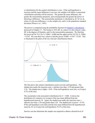 a t-distribution) for the central t-distribution is zero. If the null hypothesis is
incorrect and the mean difference is not zero, the samples will follow a noncentral
t-distribution and delta will be nonzero. The greater the mean difference, the
greater the noncentrality parameter, and consequentially the greater the power of
detecting a difference. The noncentrality parameter is calculated as: δ = d %n / σ,
where d is the true difference, n is the sample size, and σ is the population standard
deviation (Winer et al., 1991).
The power is computed using the probability function for Student’s t distribution
discussed in Chapter 17. The format is T(X, DF, δ), where X is the critical t value,
DF is the degrees of freedom, and δ is the noncentrality parameter. We find that
the lower tail for T(-2.26, 9, 3.006) = 0.000 and the upper tail for T(2.26, 9, 3.006)
= 0.763. We sum these two values to find the power: 0.000 + 0.763 = 0.763. This
is illustrated in the plots of the two relevant t-distributions below.
The first plot is the central t-distribution used to test the null hypothesis. The
shaded area marks the rejection zone: t statistics less than -2.26 and greater than
2.26. The shaded area is alpha = 0.05. If the null hypothesis were true, we’d reject
it 5% of the time.
The second plot is the noncentral t-distribution for δ = 3.006. It shows the
distribution of t statistics we’d expect if the true mean differed from the
hypothesized mean by 10. Again, the shaded area marks the rejection zone: t
statistics less than -2.26 and greater than 2.26. The shaded area is power = 0.763.
If the null hypothesis were false and the true mean differed from the hypothesized
mean by 10, we’d reject the null hypothesis 76.3% of the time.
Statistix can also determine the sample size required to obtain a desired level of
Chapter 16, Power Analysis 383
 