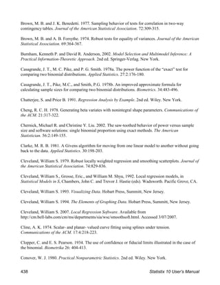 Brown, M. B. and J. K. Benedetti. 1977. Sampling behavior of tests for correlation in two-way
contingency tables. Journal of the American Statistical Association. 72:309-315.
Brown, M. B. and A. B. Forsythe. 1974. Robust tests for equality of variances. Journal of the American
Statistical Association. 69:364-367.
Burnham, Kenneth P. and David R. Anderson, 2002. Model Selection and Multimodel Inference: A
Practical Information-Theoretic Approach. 2nd ed. Springer-Verlag. New York.
Casagrande, J. T., M. C. Pike, and P. G. Smith. 1978a. The power function of the “exact” test for
comparing two binomial distributions. Applied Statistics. 27:2:176-180.
Casagrande, J. T., Pike, M.C., and Smith, P.G. 1978b. An improved approximate formula for
calculating sample sizes for comparing two binomial distributions. Biometrics. 34:483-496.
Chatterjee, S. and Price B. 1991. Regression Analysis by Example. 2nd ed. Wiley. New York.
Cheng, R. C. H. 1978. Generating beta variates with nonintegral shape parameters. Communications of
the ACM. 21:317-322.
Chernick, Michael R. and Christine Y. Liu. 2002. The saw-toothed behavior of power versus sample
size and software solutions: single binomial proportion using exact methods. The American
Statistician. 56:2:149-155.
Clarke, M. R. B. 1981. A Givens algorithm for moving from one linear model to another without going
back to the data. Applied Statistics. 30:198-203.
Cleveland, William S. 1979. Robust locally weighted regression and smoothing scatterplots. Journal of
the American Statistical Association. 74:829-836.
Cleveland, William S., Grosse, Eric., and William M. Shyu, 1992. Local regression models, in
Statistical Models in S, Chambers, John C. and Trevor J. Hastie (eds). Wadsworth. Pacific Grove, CA.
Cleveland, William S. 1993. Visualizing Data. Hobart Press, Summitt, New Jersey.
Cleveland, William S. 1994. The Elements of Graphing Data. Hobart Press, Summitt, New Jersey.
Cleveland, William S. 2007. Local Regression Software. Available from
http://cm.bell-labs.com/cm/ms/departments/sia/wsc/smoothsoft.html. Accessed 3/07/2007.
Cline, A. K. 1974. Scalar- and planar- valued curve fitting using splines under tension.
Communications of the ACM. 17:4:218-223.
Clopper, C. and E. S. Pearson. 1934. The use of confidence or fiducial limits illustrated in the case of
the binomial. Biometrika 26: 404-413.
Conover, W. J. 1980. Practical Nonparametric Statistics. 2nd ed. Wiley. New York.
438 Statistix 10 User’s Manual
 