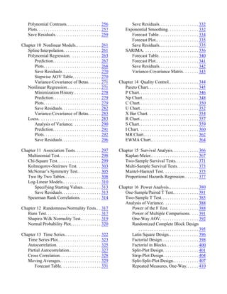 Polynomial Contrasts.. . . . . . . . . . . . . . . 256
Plots. . . . . . . . . . . . . . . . . . . . . . . . . . . . . 257
Save Residuals. . . . . . . . . . . . . . . . . . . . . 259
Chapter 10 Nonlinear Models.. . . . . . . . . . . 261
Spline Interpolation. . . . . . . . . . . . . . . . . 261
Polynomial Regression. . . . . . . . . . . . . . 263
Prediction.. . . . . . . . . . . . . . . . . . . . . 267
Plots. . . . . . . . . . . . . . . . . . . . . . . . . . 268
Save Residuals. . . . . . . . . . . . . . . . . . 270
Stepwise AOV Table. . . . . . . . . . . . . 270
Variance-Covariance of Betas. . . . . . 271
Nonlinear Regression.. . . . . . . . . . . . . . . 271
Minimization History.. . . . . . . . . . . . 278
Prediction.. . . . . . . . . . . . . . . . . . . . . 279
Plots. . . . . . . . . . . . . . . . . . . . . . . . . . 279
Save Residuals. . . . . . . . . . . . . . . . . . 282
Variance-Covariance of Betas. . . . . . 283
Loess. . . . . . . . . . . . . . . . . . . . . . . . . . . . 283
Analysis of Variance. . . . . . . . . . . . . 290
Prediction.. . . . . . . . . . . . . . . . . . . . . 291
Plots. . . . . . . . . . . . . . . . . . . . . . . . . . 292
Save Residuals. . . . . . . . . . . . . . . . . . 296
Chapter 11 Association Tests. . . . . . . . . . . . 297
Multinomial Test. . . . . . . . . . . . . . . . . . . 298
Chi-Square Test. . . . . . . . . . . . . . . . . . . . 299
Kolmogorov-Smirnov Test. . . . . . . . . . . 303
McNemar’s Symmetry Test. . . . . . . . . . . 305
Two By Two Tables.. . . . . . . . . . . . . . . . 308
Log-Linear Models.. . . . . . . . . . . . . . . . . 310
Specifying Starting Values.. . . . . . . . 313
Save Residuals. . . . . . . . . . . . . . . . . . 313
Spearman Rank Correlations. . . . . . . . . . 314
Chapter 12 Randomness/Normality Tests.. . 317
Runs Test. . . . . . . . . . . . . . . . . . . . . . . . . 317
Shapiro-Wilk Normality Test.. . . . . . . . . 319
Normal Probability Plot. . . . . . . . . . . . . . 320
Chapter 13 Time Series.. . . . . . . . . . . . . . . . 322
Time Series Plot.. . . . . . . . . . . . . . . . . . . 323
Autocorrelation. . . . . . . . . . . . . . . . . . . . 325
Partial Autocorrelation.. . . . . . . . . . . . . . 327
Cross Correlation. . . . . . . . . . . . . . . . . . . 328
Moving Averages.. . . . . . . . . . . . . . . . . . 329
Forecast Table. . . . . . . . . . . . . . . . . . 331
Save Residuals. . . . . . . . . . . . . . . . . . 332
Exponential Smoothing. . . . . . . . . . . . . . 332
Forecast Table. . . . . . . . . . . . . . . . . . 334
Forecast Plot.. . . . . . . . . . . . . . . . . . . 335
Save Residuals. . . . . . . . . . . . . . . . . . 335
SARIMA. . . . . . . . . . . . . . . . . . . . . . . . . 336
Forecast Table. . . . . . . . . . . . . . . . . . 340
Forecast Plot.. . . . . . . . . . . . . . . . . . . 341
Save Residuals. . . . . . . . . . . . . . . . . . 342
Variance-Covariance Matrix. . . . . . . 343
Chapter 14 Quality Control.. . . . . . . . . . . . . 344
Pareto Chart. . . . . . . . . . . . . . . . . . . . . . . 345
P Chart. . . . . . . . . . . . . . . . . . . . . . . . . . . 346
Np Chart.. . . . . . . . . . . . . . . . . . . . . . . . . 348
C Chart.. . . . . . . . . . . . . . . . . . . . . . . . . . 350
U Chart.. . . . . . . . . . . . . . . . . . . . . . . . . . 352
X Bar Chart. . . . . . . . . . . . . . . . . . . . . . . 354
R Chart.. . . . . . . . . . . . . . . . . . . . . . . . . . 357
S Chart. . . . . . . . . . . . . . . . . . . . . . . . . . . 359
I Chart. . . . . . . . . . . . . . . . . . . . . . . . . . . 360
MR Chart. . . . . . . . . . . . . . . . . . . . . . . . . 362
EWMA Chart.. . . . . . . . . . . . . . . . . . . . . 364
Chapter 15 Survival Analysis. . . . . . . . . . . . 366
Kaplan-Meier. . . . . . . . . . . . . . . . . . . . . . 367
Two-Sample Survival Tests.. . . . . . . . . . 371
Multi-Sample Survival Tests. . . . . . . . . . 373
Mantel-Haenzel Test. . . . . . . . . . . . . . . . 375
Proportional Hazards Regression.. . . . . . 377
Chapter 16 Power Analysis.. . . . . . . . . . . . . 380
One-Sample/Paired T Test.. . . . . . . . . . . 381
Two-Sample T Test. . . . . . . . . . . . . . . . . 385
Analysis of Variance. . . . . . . . . . . . . . . . 388
Power of the F Test. . . . . . . . . . . . . . 388
Power of Multiple Comparisons. . . . 391
One-Way AOV. . . . . . . . . . . . . . . . . 392
Randomized Complete Block Design
. . . . . . . . . . . . . . . . . . . . . . . . . . . 395
Latin Square Design.. . . . . . . . . . . . . 396
Factorial Design.. . . . . . . . . . . . . . . . 398
Factorial in Blocks. . . . . . . . . . . . . . . 400
Split-Plot Design. . . . . . . . . . . . . . . . 401
Strip-Plot Design. . . . . . . . . . . . . . . . 404
Split-Split-Plot Design.. . . . . . . . . . . 407
Repeated Measures, One-Way.. . . . . 410
 