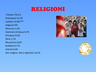 RELIGIONI
Cristiani 78,4 %
Protestanti 51,3%
Cattolici 23,9%[108]
Anglicani 9%
Mormoni 1,4%
Testimoni di Geova 0,7%
Ortodossi 0,3%
Ebrei 1,7%
Musulmani 0,6%
Buddhisti 0,7%
Induisti 0,4%
Non religiosi, Atei e Agnostici 16,1%
 