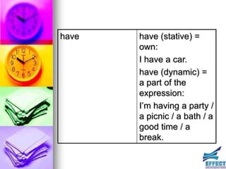 have   have (stative) =
       own:
       I have a car.
       have (dynamic) =
       a part of the
       expression:
       I’m having a party /
       a picnic / a bath / a
       good time / a
       break.
 