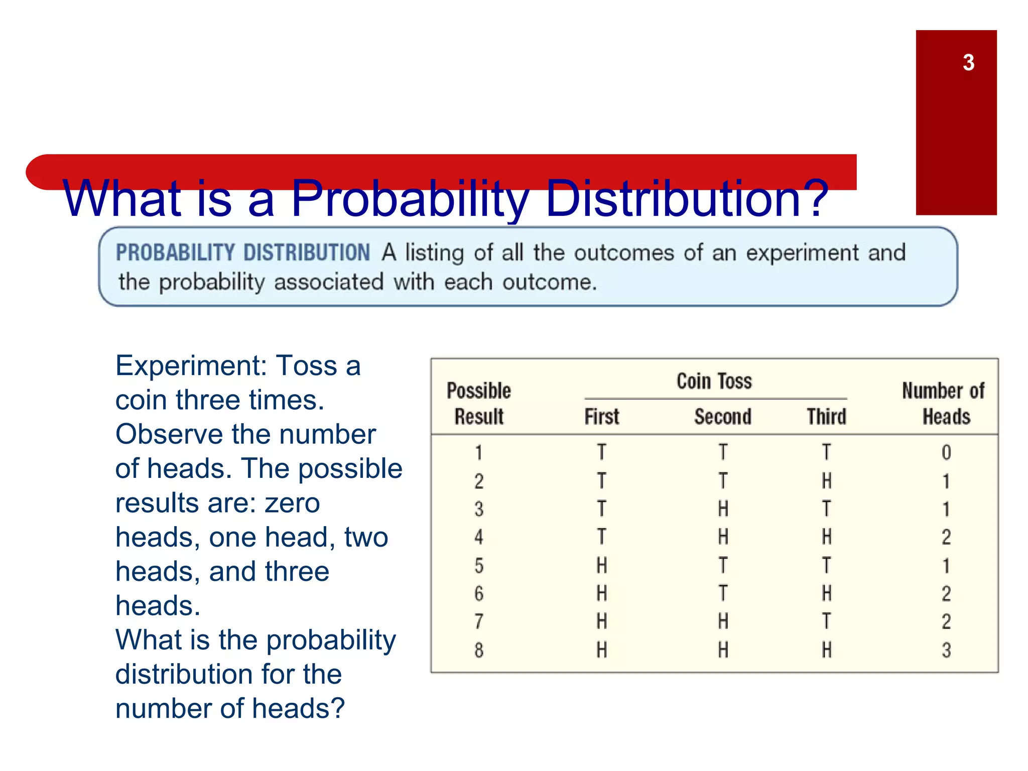 What is a Probability Distribution? Experiment: Toss a coin three times. Observe the number of heads. The possible results are: zero heads, one head, two heads, and three heads.  What is the probability distribution for the number of heads? 