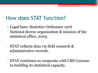 How does STAT function?Legal base: Statistics Ordinance 1976National decree organisation & mission of the statistical office, 2003.
