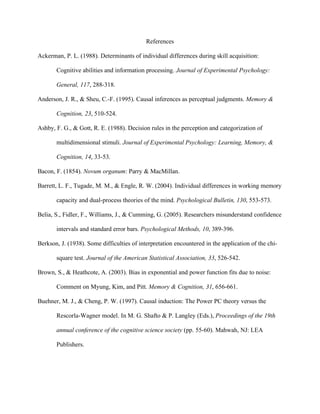 References

Ackerman, P. L. (1988). Determinants of individual differences during skill acquisition:

       Cognitive abilities and information processing. Journal of Experimental Psychology:

       General, 117, 288-318.

Anderson, J. R., & Sheu, C.-F. (1995). Causal inferences as perceptual judgments. Memory &

       Cognition, 23, 510-524.

Ashby, F. G., & Gott, R. E. (1988). Decision rules in the perception and categorization of

       multidimensional stimuli. Journal of Experimental Psychology: Learning, Memory, &

       Cognition, 14, 33-53.

Bacon, F. (1854). Novum organum: Parry & MacMillan.

Barrett, L. F., Tugade, M. M., & Engle, R. W. (2004). Individual differences in working memory

       capacity and dual-process theories of the mind. Psychological Bulletin, 130, 553-573.

Belia, S., Fidler, F., Williams, J., & Cumming, G. (2005). Researchers misunderstand confidence

       intervals and standard error bars. Psychological Methods, 10, 389-396.

Berkson, J. (1938). Some difficulties of interpretation encountered in the application of the chi-

       square test. Journal of the American Statistical Association, 33, 526-542.

Brown, S., & Heathcote, A. (2003). Bias in exponential and power function fits due to noise:

       Comment on Myung, Kim, and Pitt. Memory & Cognition, 31, 656-661.

Buehner, M. J., & Cheng, P. W. (1997). Causal induction: The Power PC theory versus the

       Rescorla-Wagner model. In M. G. Shafto & P. Langley (Eds.), Proceedings of the 19th

       annual conference of the cognitive science society (pp. 55-60). Mahwah, NJ: LEA

       Publishers.
 