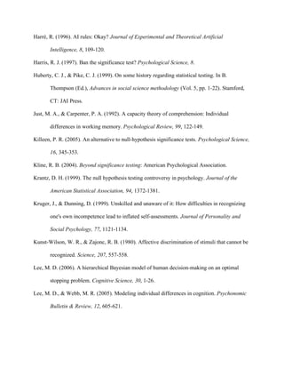 Harré, R. (1996). AI rules: Okay? Journal of Experimental and Theoretical Artificial

       Intelligence, 8, 109-120.

Harris, R. J. (1997). Ban the significance test? Psychological Science, 8.

Huberty, C. J., & Pike, C. J. (1999). On some history regarding statistical testing. In B.

       Thompson (Ed.), Advances in social science methodology (Vol. 5, pp. 1-22). Stamford,

       CT: JAI Press.

Just, M. A., & Carpenter, P. A. (1992). A capacity theory of comprehension: Individual

       differences in working memory. Psychological Review, 99, 122-149.

Killeen, P. R. (2005). An alternative to null-hypothesis significance tests. Psychological Science,

       16, 345-353.

Kline, R. B. (2004). Beyond significance testing: American Psychological Association.

Krantz, D. H. (1999). The null hypothesis testing controversy in psychology. Journal of the

       American Statistical Association, 94, 1372-1381.

Kruger, J., & Dunning, D. (1999). Unskilled and unaware of it: How difficulties in recognizing

       one's own incompetence lead to inflated self-assessments. Journal of Personality and

       Social Psychology, 77, 1121-1134.

Kunst-Wilson, W. R., & Zajonc, R. B. (1980). Affective discrimination of stimuli that cannot be

       recognized. Science, 207, 557-558.

Lee, M. D. (2006). A hierarchical Bayesian model of human decision-making on an optimal

       stopping problem. Cognitive Science, 30, 1-26.

Lee, M. D., & Webb, M. R. (2005). Modeling individual differences in cognition. Psychonomic

       Bulletin & Review, 12, 605-621.
 