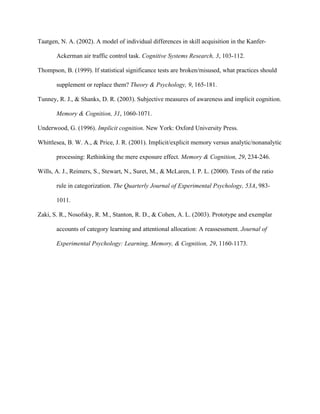 Taatgen, N. A. (2002). A model of individual differences in skill acquisition in the Kanfer-

       Ackerman air traffic control task. Cognitive Systems Research, 3, 103-112.

Thompson, B. (1999). If statistical significance tests are broken/misused, what practices should

       supplement or replace them? Theory & Psychology, 9, 165-181.

Tunney, R. J., & Shanks, D. R. (2003). Subjective measures of awareness and implicit cognition.

       Memory & Cognition, 31, 1060-1071.

Underwood, G. (1996). Implicit cognition. New York: Oxford University Press.

Whittlesea, B. W. A., & Price, J. R. (2001). Implicit/explicit memory versus analytic/nonanalytic

       processing: Rethinking the mere exposure effect. Memory & Cognition, 29, 234-246.

Wills, A. J., Reimers, S., Stewart, N., Suret, M., & McLaren, I. P. L. (2000). Tests of the ratio

       rule in categorization. The Quarterly Journal of Experimental Psychology, 53A, 983-

       1011.

Zaki, S. R., Nosofsky, R. M., Stanton, R. D., & Cohen, A. L. (2003). Prototype and exemplar

       accounts of category learning and attentional allocation: A reassessment. Journal of

       Experimental Psychology: Learning, Memory, & Cognition, 29, 1160-1173.
 