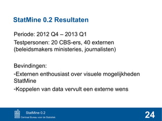 StatMine 0.2 Resultaten
Periode: 2012 Q4 – 2013 Q1
Testpersonen: 20 CBS-ers, 40 externen
(beleidsmakers ministeries, journalisten)
Bevindingen:
-Externen enthousiast over visuele mogelijkheden
StatMine
-Koppelen van data vervult een externe wens

StatMine 0.2

24

 