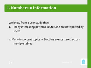 1. Numbers ≠ Information
We know from a user study that:
1. Many interesting patterns in StatLine are not spotted by
users
2. Many important topics in StatLine are scattered across
multiple tables
StatMine 0.2
5
 