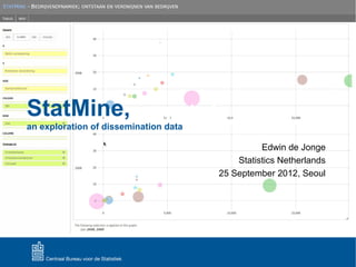 StatMine, – prototype
StatMine
an exploration of dissemination data

Edwin de Jonge
Statistics Netherlands
25 September 2012, Seoul

 