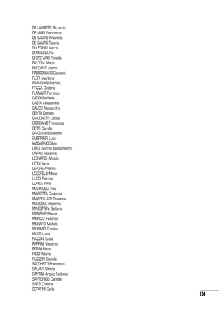 DE LAURETIS Riccardo
DE MAIO Francesca
DE SANTIS Antonella
DE SANTIS Tiziana
DI LEGINIO Marco
DI MANNA Pio
DI STEFANO Rinalda
FALCONI Marco
FATICANTI Marco
FINOCCHIARO Giovanni
FLORI Marilena
FRANCHINI Patrizia
FRIZZA Cristina
FUMANTI Fiorenzo
GADDI Raffaela
GAETA Alessandra
GALOSI Alessandra
GENTA Daniela
GIACCHETTI Letizia
GIORDANO Francesca
GOTTI Camilla
GRAZIANI Elisabetta
GUERRIERI Luca
IACCARINO Silvia
LANZ Andrea Massimiliano
LARAIA Rosanna
LEONARDI Alfredo
LEONI Ilaria
LEPORE Arianna
LOGORELLI Maria
LUCCI Patrizia
LUPICA Irma
MARINOSCI Ines
MARIOTTA Costanza
MARTELLATO Giovanna
MASCOLO Rosanna
MINESTRINI Stefania
MIRABILE Marzia
MORICCI Federica
MUNAFÒ Michele
MURARO Cristina
MUTO Lucia
NAZZINI Luisa
PARRINI Vincenzo
PERINI Paolo
RICCI Valeria
RUZZON Daniela
SACCHETTI Francesca
SALVATI Silvana
SANTINI Angelo Federico
SANTONICO Daniela
SARTI Cristina
SERAFINI Carla

IX

 