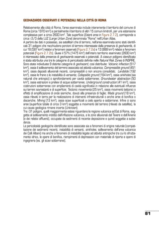 GEOHAZARDS OSSERVATI E POTENZIALI NELLa CITTÀ DI ROMA
Relativamente alla città di Roma, l’area esaminata include interamente il territorio del comune di
Roma (circa 1970 km2) e parzialmente il territorio di altri 15 comuni limitrofi, per una estensione
complessiva pari a circa 2600 km2. Tale superficie (Extent area in Figura 2.7.2), corrisponde a
circa i 2/3 della LUZ (Large Urban Zone) denominata “Roma” nell’Urban Atlas.
A partire dai dati in possesso, sia satellitari che di terreno, nell’area esaminata sono stati identificati 31 poligoni che racchiudono porzioni di terreno interessate dalla presenza di geohazards, di
cui 18 (587 km2) relativi a fenomeni osservati (Figura 2.7.2a) e 13 (888 km2) relativi a fenomeni
potenziali (Figura 2.7.2b). Quasi il 57% (1475 km2) dell’intero territorio esaminato (2600 km2)
è interessato dalla presenza di geohazards osservati o potenziali. A ciascun poligono identificato
è stata attribuita una tra le categorie di pericolosità definite nelle Natural Risk Zones di INSPIRE.
Sono state individuate 9 distinte categorie di geohazard, così distribuite: Volcanic inflaction (517
km2), ossia il sollevamento del terreno associato ad attività vulcanica; Compressible ground (451
km2), ossia depositi alluvionali recenti, compressibili o non ancora consolidati; Landslide (192
km2), ossia le frane o le instabilità di versante; Collapsible ground (164 km2), ossia sinkholes (sia
naturali che antropici) o sprofondamenti per cavità sotterranee; Groundwater abstraction (50
km2), ossia estrazioni e prelievi di acque sotterranee; Underground construction (41 km2), ossia
costruzioni sotterranee con ampliamenti di cavità significativi in relazione alle eventuali influenze
sui terreni sovrastanti e di superficie; Tectonic movements (25 km2), ossia movimenti tettonici o
effetti di amplificazione di onde sismiche, dovuti alla presenza di faglie; Made ground (18 km2),
ossia rilevati in terra per la realizzazione di interventi infrastrutturali o anche aree di bonifica o
discariche; Mining (13 km2), ossia scavi superficiali a cielo aperto e sotterranei. Infine ci sono
aree (superficie totale di circa 3 km2) soggette a movimenti del terreno (rilevati da satellite), la
cui causa geologica rimane incerta (Unknown).
Tra i 31 poligoni, quelli maggiormente estesi riguardano la regione vulcanica ad Est di Roma, soggetta al sollevamento indotto dall’inflazione vulcanica, e le zone alluvionali del Tevere e dell’Aniene
(e dei relativi affluenti), occupate da sedimenti di recente deposizione e quindi soggette a subsidenza.
Le pericolosità geologiche identificate sono associate sia a fenomeni di origine naturale (compattazione dei sedimenti recenti, instabilità di versanti, sinkholes, sollevamento dell’area vulcanica
dei Colli Albani) ma anche a fenomeni di instabilità legate ad attività antropiche tra cui lo sfruttamento idrico, le opere di bonifica, riempimenti di depressioni con materiale di riporto e opere di
ingegneria (es. gli scavi sotterranei).

81

 