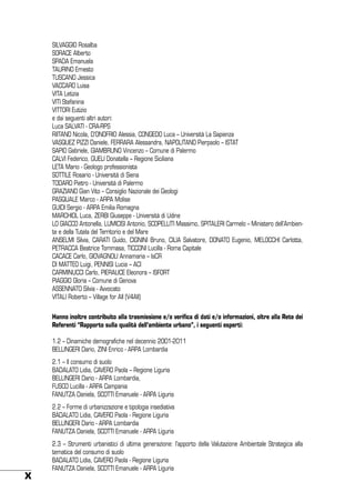 SILVAGGIO Rosalba
SORACE Alberto
SPADA Emanuela
TAURINO Ernesto
TUSCANO Jessica
VACCARO Luisa
VITA Letizia
VITI Stefanina
VITTORI Eutizio
e dai seguenti altri autori:
Luca SALVATI - CRA-RPS
RIITANO Nicola, D’ONOFRIO Alessia, CONGEDO Luca – Università La Sapienza
VASQUEZ PIZZI Daniele, FERRARA Alessandra, NAPOLITANO Pierpaolo – ISTAT
SAPIO Gabriele, GIAMBRUNO Vincenzo – Comune di Palermo
CALVI Federico, GUELI Donatella – Regione Siciliana
LETA Mario - Geologo professionista
SOTTILE Rosario - Università di Siena
TODARO Pietro - Università di Palermo
GRAZIANO Gian Vito – Consiglio Nazionale dei Geologi
PASQUALE Marco - ARPA Molise
GUIDI Sergio - ARPA Emilia Romagna
MARCHIOL Luca, ZERBI Giuseppe - Università di Udine
LO GIACCO Antonella, LUMICISI Antonio, SCOPELLITI Massimo, SPITALERI Carmelo – Ministero dell’Ambiente e della Tutela del Territorio e del Mare
ANSELMI Silvia, CARATI Guido, CIGNINI Bruno, CILIA Salvatore, DONATO Eugenio, MELOCCHI Carlotta,
PETRACCA Beatrice Tommasa, TICCONI Lucilla - Roma Capitale
CACACE Carlo, GIOVAGNOLI Annamaria – IsCR
DI MATTEO Luigi, PENNISI Lucia – ACI
CARMINUCCI Carlo, PIERALICE Eleonora – ISFORT
PIAGGIO Gloria – Comune di Genova
ASSENNATO Silvia - Avvocato
VITALI Roberto – Village for All (V4All)
Hanno inoltre contribuito alla trasmissione e/o verifica di dati e/o informazioni, oltre alla Rete dei
Referenti “Rapporto sulla qualità dell’ambiente urbano”, i seguenti esperti:
1.2 – Dinamiche demografiche nel decennio 2001-2011
BELLINGERI Dario, ZINI Enrico - ARPA Lombardia
2.1 – Il consumo di suolo
BADALATO Lidia, CAVERO Paola – Regione Liguria
BELLINGERI Dario - ARPA Lombardia,
FUSCO Lucilla - ARPA Campania
FANUTZA Daniela, SCOTTI Emanuele - ARPA Liguria
2.2 – Forme di urbanizzazione e tipologia insediativa
BADALATO Lidia, CAVERO Paola - Regione Liguria
BELLINGERI Dario - ARPA Lombardia
FANUTZA Daniela, SCOTTI Emanuele - ARPA Liguria

X

2.3 – Strumenti urbanistici di ultima generazione: l’apporto della Valutazione Ambientale Strategica alla
tematica del consumo di suolo
BADALATO Lidia, CAVERO Paola - Regione Liguria
FANUTZA Daniela, SCOTTI Emanuele - ARPA Liguria

 