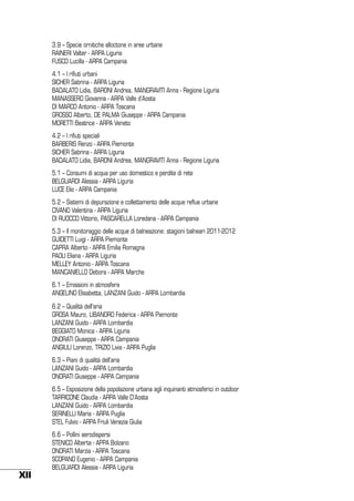 3.9 – Specie ornitiche alloctone in aree urbane
RAINERI Valter - ARPA Liguria
FUSCO Lucilla - ARPA Campania
4.1 – I rifiuti urbani
SICHER Sabrina - ARPA Liguria
BADALATO Lidia, BARONI Andrea, MANGRAVITI Anna - Regione Liguria
MANASSERO Giovanna - ARPA Valle d’Aosta
DI MARCO Antonio - ARPA Toscana
GROSSO Alberto, DE PALMA Giuseppe - ARPA Campania
MORETTI Beatrice - ARPA Veneto
4.2 – I rifiuti speciali
BARBERIS Renzo - ARPA Piemonte
SICHER Sabrina - ARPA Liguria
BADALATO Lidia, BARONI Andrea, MANGRAVITI Anna - Regione Liguria
5.1 – Consumi di acqua per uso domestico e perdite di rete
BELGUARDI Alessia - ARPA Liguria
LUCE Elio - ARPA Campania
5.2 – Sistemi di depurazione e collettamento delle acque reflue urbane
CIVANO Valentina - ARPA Liguria
DI RUOCCO Vittorio, PASCARELLA Loredana - ARPA Campania
5.3 – Il monitoraggio delle acque di balneazione: stagioni balneari 2011-2012
GUIDETTI Luigi - ARPA Piemonte
CAPRA Alberto - ARPA Emilia Romagna
PAOLI Eliana - ARPA Liguria
MELLEY Antonio - ARPA Toscana
MANCANIELLO Debora - ARPA Marche
6.1 – Emissioni in atmosfera
ANGELINO Elisabetta, LANZANI Guido - ARPA Lombardia
6.2 – Qualità dell’aria
GROSA Mauro, LIBANORO Federica - ARPA Piemonte
LANZANI Guido - ARPA Lombardia
BEGGIATO Monica - ARPA Liguria
ONORATI Giuseppe - ARPA Campania
ANGIULI Lorenzo, TRIZIO Livia - ARPA Puglia
6.3 – Piani di qualità dell’aria
LANZANI Guido - ARPA Lombardia
ONORATI Giuseppe - ARPA Campania
6.5 – Esposizione della popolazione urbana agli inquinanti atmosferici in outdoor
TARRICONE Claudia - ARPA Valle D’Aosta
LANZANI Guido - ARPA Lombardia
SERINELLI Maria - ARPA Puglia
STEL Fulvio - ARPA Friuli Venezia Giulia

XII

6.6 – Pollini aerodispersi
STENICO Alberta - APPA Bolzano
ONORATI Marzia - ARPA Toscana
SCOPANO Eugenio - ARPA Campania
BELGUARDI Alessia - ARPA Liguria

 