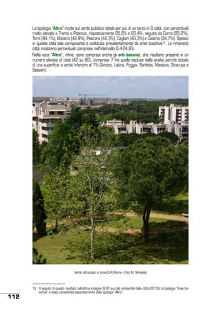 La tipologia “Altro” incide sul verde pubblico totale per più di un terzo in 8 città, con percentuali
molto elevate a Trento e Potenza, rispettivamente 95,6% e 93,4%, seguita da Como (85,2%),
Terni (84,1%), Bolzano (42,9%), Pescara (42,3%), Cagliari (40,3%) e Catania (34,7%). Spesso
in queste città tale componente è costituita prevalentemente da aree boschive12. Le rimanenti
città mostrano percentuali comprese nell’intervallo 0,4-24,8%.
Nella voce “Altro”, infine, sono compresi anche gli orti botanici, che risultano presenti in un
numero elevato di città (42 su 60), comprese 7 fra quelle escluse dalla analisi perché dotate
di una superficie a verde inferiore al 1% (Arezzo, Latina, Foggia, Barletta, Messina, Siracusa e
Sassari).

Verde attrezzato in zona EUR (Roma - Foto M. Mirabile)

112

12	 A seguito di questo risultato nell’ultima indagine ISTAT sui dati ambientali delle città (2013b) la tipologia “Aree boschive” è stata considerata separatamente dalla tipologia “Altro”.

 