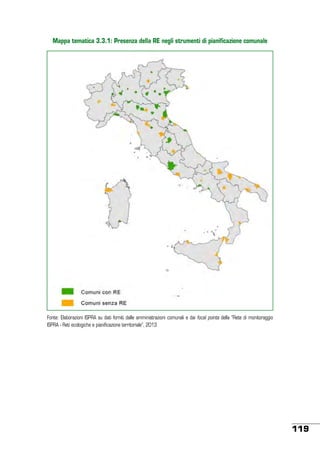 Mappa tematica 3.3.1: Presenza della RE negli strumenti di pianificazione comunale

Fonte: Elaborazioni ISPRA su dati forniti dalle amministrazioni comunali e dai focal points della “Rete di monitoraggio
ISPRA - Reti ecologiche e pianificazione territoriale”, 2013

119

 