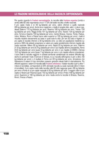 LE FRAZIONI MERCEOLOGICHE DELLA RACCOLTA DIFFERENZIATA
Per quanto riguarda le frazioni merceologiche, la raccolta della frazione organica (umido e
verde) delle 60 città rappresenta circa il 17,9% del totale raccolto a livello nazionale.
Il pro capite medio è di 49 kg/abitante per anno, valore inferiore a quello nazionale
(69 kg/abitante per anno). Anche se si registrano, a livello di singola città, valori, in alcuni casi,
elevati (Salerno 170 kg/abitante per anno, Ravenna 166 kg/abitante per anno, Treviso 159
kg/abitante per anno, Reggio Emilia 151 kg/abitante per anno, Novara 134 kg/abitante per
anno, Ferrara e Caserta 133 kg/abitante per anno, mentre Brescia, Vicenza, Trento, Padova,
Udine, Modena, Rimini e Pistoia hanno valori superiori ai 100 kg/abitante per anno), i livelli di
raccolta risultano decisamente più bassi in quasi tutte le città: per ben 20 città si registra un
pro capite di raccolta inferiore a 30 kg/abitante anno. Le città con popolazione residente superiore a 500 mila abitanti presentano un valore pro capite sensibilmente inferiore rispetto alla
media nazionale: Milano 26 kg/abitante per anno, Napoli 23 kg/abitante per anno, Palermo
21,8 kg/abitante per anno (4,4 kg/abitante per anno in più rispetto all’anno precedente), Roma
24,6 kg/abitante per anno (quasi 9 kg/abitante per anno in più rispetto al 2009) e Genova
16,5 kg/abitante per anno (quasi 7 kg/abitante per anno in più rispetto all’anno precedente).
I buoni livelli di raccolta raggiunti in contesti territoriali caratterizzati da evidenti difficoltà logistiche (in particolar modo il Comune di Venezia, la cui raccolta dell’organico è pari a oltre i 60
kg/abitante per anno), o il risultato di Torino con 63 kg/abitante per anno, dimostrano che
l’attivazione di sistemi di tipo domiciliare possano garantire elevati livelli di intercettazione. Più
efficienti appaiono i sistemi di raccolta della frazione cellulosica: il totale raccolto è pari a oltre 1
milione di tonnellate, corrispondenti al 33% del totale raccolto su scala nazionale (oltre 3 milioni
di tonnellate). Il pro capite medio della raccolta nelle 60 città raggiunge quasi i 66 kg/abitante
per anno a fronte di un pro capite nazionale di 50 kg/abitante per anno. I maggiori valori di pro
capite si rilevano per Piacenza (quasi 152 kg/abitante per anno) e Prato (148 kg/abitante per
anno). Superiore ai 100 kg/abitante per anno risulta anche la raccolta di Brescia, Ravenna,
Rimini, Firenze e Pesaro.

158

 