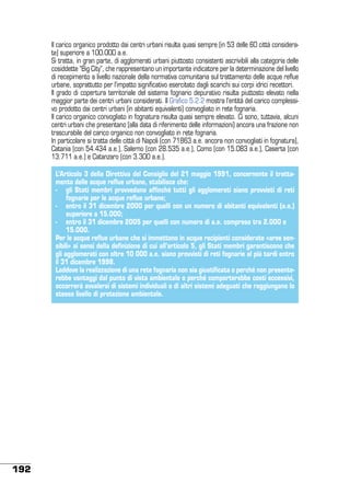 Il carico organico prodotto dai centri urbani risulta quasi sempre (in 53 delle 60 città considerate) superiore a 100.000 a.e.
Si tratta, in gran parte, di agglomerati urbani piuttosto consistenti ascrivibili alla categoria delle
cosiddette “Big City”, che rappresentano un importante indicatore per la determinazione del livello
di recepimento a livello nazionale della normativa comunitaria sul trattamento delle acque reflue
urbane, soprattutto per l’impatto significativo esercitato dagli scarichi sui corpi idrici recettori.
Il grado di copertura territoriale del sistema fognario depurativo risulta piuttosto elevato nella
maggior parte dei centri urbani considerati. Il Grafico 5.2.2 mostra l’entità del carico complessivo prodotto dai centri urbani (in abitanti equivalenti) convogliato in rete fognaria.
Il carico organico convogliato in fognatura risulta quasi sempre elevato. Ci sono, tuttavia, alcuni
centri urbani che presentano (alla data di riferimento delle informazioni) ancora una frazione non
trascurabile del carico organico non convogliato in rete fognaria.
In particolare si tratta delle città di Napoli (con 71863 a.e. ancora non convogliati in fognatura),
Catania (con 54.434 a.e.), Salerno (con 28.535 a.e.), Como (con 15.083 a.e.), Caserta (con
13.711 a.e.) e Catanzaro (con 3.300 a.e.).
L’Articolo 3 della Direttiva del Consiglio del 21 maggio 1991, concernente il trattamento delle acque reflue urbane, stabilisce che:
-	 gli Stati membri provvedano affinché tutti gli agglomerati siano provvisti di reti
fognarie per le acque reflue urbane;
-	 entro il 31 dicembre 2000 per quelli con un numero di abitanti equivalenti (a.e.)
superiore a 15.000;
-	 entro il 31 dicembre 2005 per quelli con numero di a.e. compreso tra 2.000 e
	 15.000.
Per le acque reflue urbane che si immettono in acque recipienti considerate «aree sensibili» ai sensi della definizione di cui all’articolo 5, gli Stati membri garantiscono che
gli agglomerati con oltre 10 000 a.e. siano provvisti di reti fognarie al più tardi entro
il 31 dicembre 1998.
Laddove la realizzazione di una rete fognaria non sia giustificata o perché non presenterebbe vantaggi dal punto di vista ambientale o perché comporterebbe costi eccessivi,
occorrerà avvalersi di sistemi individuali o di altri sistemi adeguati che raggiungano lo
stesso livello di protezione ambientale.

192

 