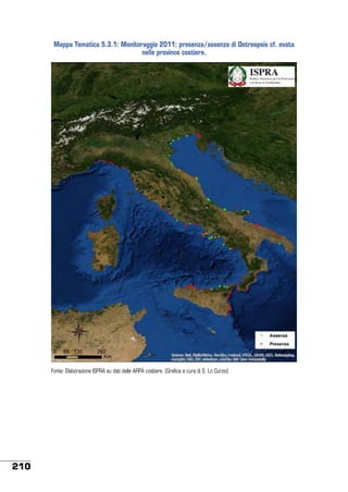 Mappa Tematica 5.3.1: Monitoraggio 2011: presenza/assenza di Ostreopsis cf. ovata
nelle province costiere.

Fonte: Elaborazione ISPRA su dati delle ARPA costiere. (Grafica a cura di S. Lo Curzio)

210

 