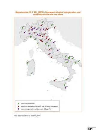 Mappa tematica 6.2.1: PM10 (2012) - Superamenti del valore limite giornaliero e del
valore limite annuale nelle aree urbane

Fonte: Elaborazioni ISPRA su dati APPA/ARPA

241

 