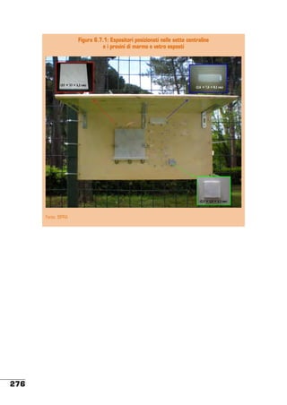 Figura 6.7.1: Espositori posizionati nelle sette centraline
e i provini di marmo e vetro esposti

Fonte: ISPRA

276

 