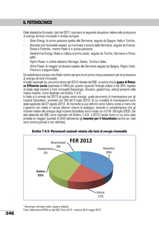 IL FOTOVOLTAICO
Dalle statistiche Eurostat i dati del 2011 riportano la seguente situazione relativa alla produzione
di energia da fonti rinnovabili in ambito europeo:
-	
Solar Energy, la prima posizione spetta alla Germania, seguita da Spagna, Italia e Turchia;
-	
Biomass and renewable wastes, qui il primato è ancora della Germania, seguita da Francia,
Svezia e Finlandia, mentre l’Italia è in quinta posizione;
-	
Geothermal Energy, l’Italia si colloca al primo posto, seguita da Turchia, Germania e Portogallo;
-	
Hydro Power, in ordine abbiamo Norvegia, Svezia, Turchia e Italia;
-	
Wind Power, la maggior produzione spetta alla Germania seguita da Spagna, Regno Unito,
Francia e a seguire Italia.
Da sottolineare dunque che l’Italia rientra sempre tra le prime cinque postazioni per la produzione
di energia da fonti rinnovabili.
A livello nazionale da una prima stima del 2012 rilevata dal GSE, si evince che la quota di Potenza Efficiente Lorda (espressa in MW) per quanto riguarda l’energia solare è del 35% rispetto
al totale degli impianti a fonti rinnovabili (bioenergie, idraulica, geotermica, eolica) presenti nella
nostra nazione, come illustrato nel Grafico 7.4.5.
In Italia si è arrivati nel 2013 al quinto conto energia, quale strumento di incentivazione per gli
impianti fotovoltaici, emanato con DM del 5 luglio 2012, le cui modalità di incentivazione sono
state applicate dal 27 agosto 2012. Al momento si può definire come l’ultimo conto a meno che
il governo non metta in campo ulteriori misure di sostegno, tenendo in considerazione che gli
incentivi relativi allo sviluppo degli impianti fotovoltaici sono iniziati con il D.M. 28 luglio 2005. Dai
dati elaborati dal GSE come riportato nel Grafico 7.4.6, il 2012 risulta l’anno in cui sono stati
prodotti la maggior quantità di GWh attraverso gli incentivi per il fotovoltaico (anche se i dati
sono ancora parziali e non definitivi).
Grafico 7.4.5: Percentuali nazionali relative alle fonti di energia rinnovabile
5'.262#7'28)
9,)
12.32#4'($)
/,)

+,-'./0.'
!"#$%&'($)
*+,)

!"#$%&'
()*'

-.&'($)
/0,)

346

¹ Bioenergie: biomasse solide, biogas e bioliquidi
Fonte: Elaborazione ISPRA su dati GSE/Terna 2012 – edizione del 9 maggio 2013

 