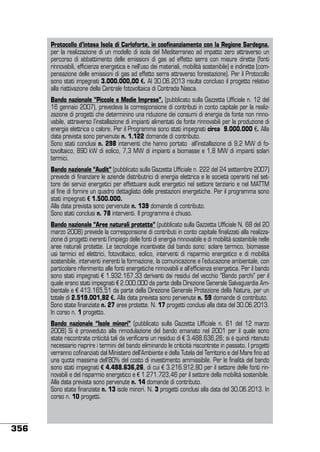 Protocollo d’intesa Isola di Carloforte, in coofinanziamento con la Regione Sardegna,
per la realizzazione di un modello di isola del Mediterraneo ad impatto zero attraverso un
percorso di abbattimento delle emissioni di gas ad effetto serra con misure dirette (fonti
rinnovabili, efficienza energetica e nell’uso dei materiali, mobilità sostenibile) e indirette (compensazione delle emissioni di gas ad effetto serra attraverso forestazione). Per il Protocollo
sono stati impegnati 3.000.000,00 €. Al 30.06.2013 risulta concluso il progetto relativo
alla riattivazione della Centrale fotovoltaica di Contrada Nasca.
Bando nazionale “Piccole e Medie Imprese”, (pubblicato sulla Gazzetta Ufficiale n. 12 del
16 gennaio 2007), prevedeva la corresponsione di contributi in conto capitale per la realizzazione di progetti che determinino una riduzione dei consumi di energia da fonte non rinnovabile, attraverso l’installazione di impianti alimentati da fonte rinnovabili per la produzione di
energia elettrica o calore. Per il Programma sono stati impegnati circa 9.000.000 €. Alla
data prevista sono pervenute n. 1.122 domande di contributo.
Sono stati conclusi n. 298 interventi che hanno portato all’installazione di 9,2 MW di fotovoltaico, 890 kW di eolico, 7,3 MW di impianti a biomasse e 1,8 MW di impianti solari
termici.
Bando nazionale “Audit” (pubblicato sulla Gazzetta Ufficiale n. 222 del 24 settembre 2007)
prevede di finanziare le aziende distributrici di energia elettrica e le società operanti nel settore dei servizi energetici per effettuare audit energetici nel settore terziario e nel MATTM
al fine di fornire un quadro dettagliato delle prestazioni energetiche. Per il programma sono
stati impegnati € 1.500.000.
Alla data prevista sono pervenute n. 139 domande di contributo.
Sono stati conclusi n. 78 interventi. Il programma è chiuso.
Bando nazionale “Aree naturali protette” (pubblicato sulla Gazzetta Ufficiale N. 68 del 20
marzo 2008) prevede la corresponsione di contributi in conto capitale finalizzati alla realizzazione di progetti inerenti l’impiego delle fonti di energia rinnovabile e di mobilità sostenibile nelle
aree naturali protette. Le tecnologie incentivate dal bando sono: solare termico, biomasse
usi termici ed elettrici, fotovoltaico, eolico, interventi di risparmio energetico e di mobilità
sostenibile, interventi inerenti la formazione, la comunicazione e l’educazione ambientale, con
particolare riferimento alle fonti energetiche rinnovabili e all’efficienza energetica. Per il bando
sono stati impegnati € 1.932.167,33 derivanti dai residui del vecchio “Bando parchi” per il
quale erano stati impegnati € 2.000.000 da parte della Direzione Generale Salvaguardia Ambientale e € 413.165,51 da parte della Direzione Generale Protezione della Natura, per un
totale di 2.519.001,82 €. Alla data prevista sono pervenute n. 59 domande di contributo.
Sono state finanziate n. 27 aree protette. N. 17 progetti conclusi alla data del 30.06.2013.
In corso n. 1 progetto.
Bando nazionale “Isole minori” (pubblicato sulla Gazzetta Ufficiale n. 61 del 12 marzo
2008) Si è provveduto alla rimodulazione del bando emanato nel 2001 per il quale sono
state riscontrate criticità tali da verificarsi un residuo di € 3.488.636,26; si è quindi ritenuto
necessario riaprire i termini del bando eliminando le criticità riscontrate in passato. I progetti
verranno cofinanziati dal Ministero dell’Ambiente e della Tutela del Territorio e del Mare fino ad
una quota massima dell’80% del costo di investimento ammissibile. Per le finalità del bando
sono stati impegnati € 4.488.636,26, di cui € 3.216.912,80 per il settore delle fonti rinnovabili e del risparmio energetico e € 1.271.723,46 per il settore della mobilità sostenibile.
Alla data prevista sono pervenute n. 14 domande di contributo.
Sono state finanziate n. 13 isole minori. N. 3 progetti conclusi alla data del 30.06.2013. In
corso n. 10 progetti.

356

 