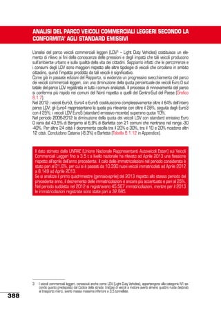 ANALISI DEL PARCO VEICOLI COMMERCIALI LEGGERI SECONDO LA
CONFORMITA’ AGLI STANDARD EMISSIVI
L’analisi del parco veicoli commerciali leggeri (LDV3 – Light Duty Vehicles) costituisce un elemento di rilievo ai fini della conoscenza delle pressioni e degli impatti che tali veicoli producono
sull’ambiente urbano e sulla qualità della vita dei cittadini. Sappiamo infatti che le percorrenze e
i consumi degli LDV sono maggiori rispetto alle altre tipologie di veicoli che circolano in ambito
cittadino, quindi l’impatto prodotto da tali veicoli è significativo.
Come già in passate edizioni del Rapporto, si evidenzia un progressivo svecchiamento del parco
dei veicoli commerciali leggeri, con una diminuzione della quota percentuale dei veicoli Euro 0 sul
totale del parco LDV registrata in tutti i comuni analizzati. Il processo di rinnovamento del parco
si conferma più rapido nei comuni del Nord rispetto a quelli del Centro-Sud del Paese (Grafico
8.1.7).
Nel 2012 i veicoli Euro3, Euro4 e Euro5 costituiscono complessivamente oltre il 64% dell’intero
parco LDV; gli Euro4 rappresentano la quota più rilevante con oltre il 28%, seguita dagli Euro3
con il 25%; i veicoli LDV Euro5 (standard emissivo recente) superano quota 10%.
Nel periodo 2006-2012 la diminuzione della quota dei veicoli LDV con standard emissivo Euro
0 varia dal 43,5% di Bergamo al 6,9% di Barletta con 21 comuni che rientrano nel range -30
-40%. Per altre 24 città il decremento oscilla tra il 20% e 30%, tra il 10 e 20% ricadono altri
12 città. Concludono Catania (-8,3%) e Barletta (Tabella 8.1.12 in Appendice).

Il dato stimato dalla UNRAE (Unione Nazionale Rappresentanti Autoveicoli Esteri) sui Veicoli
Commerciali Leggeri fino a 3.5 t a livello nazionale ha rilevato ad Aprile 2013 una flessione
rispetto all’aprile dell’anno precedente. Il calo delle immatricolazioni nel periodo considerato è
stato pari al 21,6%, per cui si è passati da 10.390 nuovi veicoli immatricolati ad Aprile 2012
a 8.149 ad Aprile 2013.
Se si analizza il primo quadrimestre (gennaio-aprile) del 2013 rispetto allo stesso periodo del
precedente anno, il decremento delle immatricolazioni è ancora più accentuato e pari al 25%.
Nel periodo suddetto nel 2012 si registravano 45.567 immatricolazioni, mentre per il 2013
le immatricolazioni registrate sono state pari a 32.685.

388

3	 I veicoli commerciali leggeri, conosciuti anche come LDV (Light Duty Vehicles), appartengono alla categoria N1 secondo quanto predisposto dal Codice della strada; trattasi di veicoli a motore aventi almeno quattro ruote destinati
al trasporto merci, aventi massa massima inferiore a 3,5 tonnellate.

 