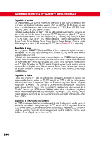 indicatori di offerta di trasporto pubblico locale
Disponibilità di autobus
Nel lungo periodo (2000-2011) si registra una contrazione di oltre il 36% del campione dove
le variazioni più elevate sono rilevate a Messina e Forlì con -32,1% e -33,4%. l valori più significativi in termini di incrementi sono riscontrati ad Andria (+117,4%), Prato (+69,9%), Novara
(+69,7%), Catania (+61,9%), Salerno (+58,8%).
L’offerta di autobus studiata per il 2011 nelle 60 città analizzate evidenzia che il comune di Cagliari è quello con il più alto numero di vetture per 10.000 abitanti con un valore di 17,5 vetture,
segue in ordine decrescente il comune di Bergamo (16,1), La Spezia (15,4), Aosta (14,9), Firenze (13,4), Trieste (13,3). Tra le 11 e 13 vetture si attestano 11 comuni e precisamente: Torino,
Brescia, Trento, Genova, Catania, Parma, Vicenza, Ancona, Venezia, Pescara e Bologna. La città
di Roma registra un valore di 9,8 vetture ogni 10.000 abitanti (Tabella 8.2.2 in Appendice).
Disponibilità di tram
Nel lungo periodo (2000-2011) le città di Milano e Torino ravvisano i maggiori incrementi di
vetture (+22,7% e 14,6%), seguono Roma (+5,2%) e Trieste (+5,1%), mentre Napoli evidenzia
un decremento di (-21,2%).
L’offerta di tram viene espressa anch’essa in numero di vetture per 10.000 abitanti. La presenza
di questo mezzo di trasporto all’interno del campione analizzato è riscontrabile solo in 12 comuni.
Nel 2011 le città dove l’offerta è più sviluppata sono Milano, Torino e Bergamo, rispettivamente
con 3,7; 2,3 e 1,2 vetture per 10.000 abitanti. I restanti comuni in cui è presente una rete
tramviaria (Padova, Cagliari, Napoli, Firenze, Messina, Sassari, Trieste, Venezia) sono caratterizzati da valori compresi in un range tra 0,7 e 0,1. Il comune di Roma registra 0,6 vetture ogni
10.000 abitanti.
Disponibilità di filobus
I filobus sono presenti in 11 città fra quelle studiate nel Rapporto. L’indicatore è espresso nella
stessa modalità (numero vetture per 10.000 abitanti). Nel 2011 la città che ha la maggiore
offerta di questo mezzo di trasporto è Cagliari con 2,5 vetture, seguita da Parma, La Spezia e
Bologna con 1,5, Modena (1,4), Milano (1,1). Le altre città dove sono presenti i filobus sono:
Napoli, Genova, Ancona, Rimini, Roma che registrano rispettivamente valori compresi tra lo
0,9 e lo 0,1 vetture ogni 10.000 abitanti. Nel lungo periodo solo 4 città evidenziano degli incrementi e precisamente Napoli (+68,4%), Genova (+67,1%), Bologna (+3,5%), Milano (0,3%). Le
restanti attestano decrementi, tra cui i più importanti sono riscontrabili ad Ancona (-57,6%) e
Rimini (-73,2%).
Disponibilità di vetture della metropolitana
Nel 2011 l’analisi riguardante la metropolitana vede la città di Milano con il più alto numero di
vetture che compongono i convogli metro per 10.000 abitanti con 7,0 , seguita da Roma con
(2,0), Torino e Napoli (0,6), chiudendo con Genova e Catania (0,3). Rispetto al 2000 tutti comuni
registrano un diffuso incremento, con i maggiori aumenti registrati a Catania e Genova, seguiti
da Milano, Roma e Napoli, che chiude con +4,5%.

394

 