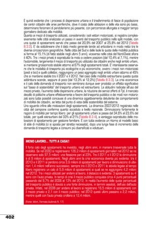 è quindi evidente che i processi di dispersione urbana e il trasferimento di fasce di popolazione
dai centri cittadini alle aree periferiche, dove il costo delle abitazioni e delle vita sono più bassi,
determinano fenomeni di pendolarismo più pesante, con percorrenze allungate e maggior tempo
giornaliero dedicato alla mobilità.
Quanto ai mezzi di trasporto utilizzati, considerando i soli vettori motorizzati, si registra complessivamente nelle città analizzate un passo in avanti del trasporto pubblico nello split modale, con
una quota di spostamenti serviti che passa dal 20,9% del 2007 al 25,8% del 2012 (Tabella
8.3.2). E’ da sottolineare che il dato medio generale tende ad articolarsi in modo netto tra le
diverse circoscrizioni geografiche. Nelle città del Sud e delle Isole la quota della mobilità pubblica
si ferma al 15,1% (di fatto stabile negli ultimi 5 anni), viceversa nelle città del Nord-Ovest sfiora
il 40%. Tra i mezzi privati è soprattutto la moto a cedere posizioni (dal 10,4% al 7,1%), mentre
l’automobile, largamente il mezzo di trasporto più utilizzato dai cittadini anche negli ambiti urbani,
si mantiene grossomodo stabile attorno al 67% degli spostamenti totali. E’ interessante osservare che le modalità di trasporto più ecologiche e più economiche, ovvero i mezzi non motorizzati
(piedi e bici) e quelli collettivi, raggiungono un peso aggregato negli ambiti urbani attorno al 45%
che si mantiene stabile tra il 2007 e il 2012. Nel caso della mobilità extraurbana questa quota
addirittura scende, seppure di poco (dal 13,3% al 12,2%) (Tabella 8.3.3). La crisi economica
e il calo della domanda di trasporto non sembrano dunque aver prodotto un effetto significativo
sul “tasso di sostenibilità” del trasporto urbano ed extraurbano. Le abitudini radicate all’uso del
mezzo privato, l’aumento della dispersione urbana, la riduzione dei servizi offerti di Tpl, il mancato
decollo di politiche urbane effettivamente a favore del trasporto pubblico e dei modi non motorizzati sono tutte possibili concause di una dinamica oggettivamente deludente dei comportamenti
di mobilità dei cittadini, se letta dal punto di vista della sostenibilità del sistema.
Uno sguardo infine alle motivazioni degli spostamenti. La dinamica 2007-2012 registrata nelle
città del campione conferma quanto accaduto a livello nazionale. Diminuiscono fortemente le
ragioni di mobilità per tempo libero: per gli spostamenti urbani si passa dal 34,6% al 23,6% del
totale, per quelli extraurbani dal 33% al 21% (Tabella 8.3.4), a vantaggio soprattutto delle motivazioni di spostamento per gestione familiare. è con tutta evidenza un ritorno al modello basic
di stile di mobilità (ci si sposta per stretta necessità), dopo una lunga fase di incremento della
domanda di trasporto legata a consumi più diversificati e voluttuari.

MENO LAVORO… TUTTI A CASA!!
Il forte calo degli spostamenti ha investito, negli ultimi anni, in maniera trasversale tutta la
mobilità. Se nel 2000 si registravano 126,2 milioni di spostamenti giornalieri nel 2012 se ne
osservano solo 97,5 milioni: una flessione pari al 23%. Tra il 2011 e il 2012 la diminuzione
è di 9 milioni di spostamenti. Negli ultimi anni la crisi economica diventa più evidente: tra il
2010 e il 2011 si perdono circa 3,9 milioni di spostamenti per lavoro e diminuiscono di ulteriori 1,4 milioni nell’anno successivo; sempre tra il 2010 e 2011 le attività legate al tempo
libero registrano un calo di 5,9 milioni di spostamenti ai quali se ne aggiungono 4,2 milioni
nel 2012. Tra i mezzi utilizzati per andare al lavoro, il distacco è evidente: 3 spostamenti su 4
sono con l’auto privata. In tempi di crisi il mezzo pubblico conquista circa 4 punti percentuali
passando dal 9,7% del 2006 al 13% del 2012. In realtà l’aumento delle quote percentuali
del trasporto pubblico è dovuto a una forte diminuzione, in termini assoluti, dell’uso dell’auto
privata. Infatti, nel 2006 per andare al lavoro si registrano 16,5 milioni di spostamenti con
il mezzo privato e 2,1 con il mezzo pubblico; nel 2012 questi ultimi passano a 2,2 milioni,
mentre quelli con l’auto privata crollano a 12,4 milioni.
(Fonte: Isfort, Fermata Audimob N. 17)

402

 