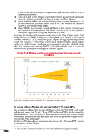 e della mobilità, sicurezza dei veicoli, comportamento degli utenti della strada più sicuro e
assistenza post-incidente.
	 invita tutti gli Stati Membri a fissare i propri obiettivi nazionali di riduzione delle vittime della
strada da raggiungere entro la fine del decennio, in linea con il Piano di Azione;
	 chiede l’inclusione nel Piano di Azione di attività che prestino attenzione alle esigenze di tutti
gli utenti della strada, soprattutto pedoni, ciclisti e altri utenti vulnerabili con particolare
riguardo ai paesi a basso/medio reddito;
	 chiede all’OMS e alle commissioni regionali delle Nazioni Unite di coordinare il monitoraggio
dei progressi verso il raggiungimento degli obiettivi individuati nel piano di azione globale e
di sviluppare rapporti sullo stato globale della sicurezza stradale.
In risposta alla richiesta specifica avanzata con la risoluzione 64/255, la United Nations Road
Safety Collaboration (UNRSC) ha sviluppato un Piano globale per il Decennio di azione per la
sicurezza stradale 2011-2020 inteso come guida a supporto del raggiungimento degli obiettivi
indicati nella risoluzione. Il Piano individua un primo set di attività che possono essere adottate
nel decennio a livello nazionale; i singoli paesi sono incoraggiati a implementare tali attività in base
alle 5 aree identificate nella risoluzione 64/255. Il Piano inoltre individua un set di indicatori da
utilizzare a livello globale per il monitoraggio dei progressi raggiunti.
Grafico 8.4.3: Obiettivo previsto per la decade di azioni per la sicurezza stradale
2011-2020.

Fonte: Who, Global status report on road safety 2013: supporting a decade of actions.

La seconda settimana Mondiale sulla sicurezza stradale 6 - 12 maggio 2013.
Con la risoluzione dell’Assemblea Generale delle Nazioni Unite A/66/260/201211, nell’ ambito
delle iniziative previste dalla Decade of Action, l’ONU ha chiesto all’OMS e alle Commissioni Regionali delle Nazioni Unite di promuovere la Seconda settimana mondiale sulla sicurezza stradale
incentrandola sulla protezione degli utenti deboli della strada e in particolare sui pedoni all’insegna del motto “Make Walking Safe”.
La Settimana Mondiale sulla sicurezza stradale si è svolta tra il 6 e il 12 maggio 2013 e ha visto
il coinvolgimento di circa 70 paesi.

406

11	 Risoluzione dell’ Assemblea Generale delle Nazioni Unite A/66/260/2012 Improving global road safety.

 