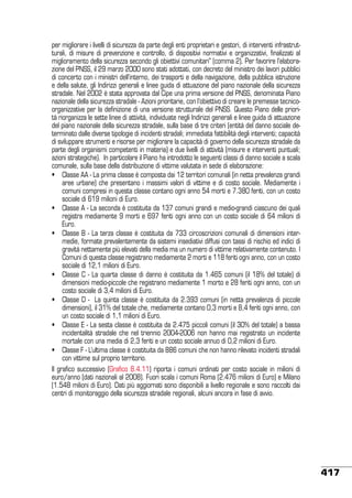 per migliorare i livelli di sicurezza da parte degli enti proprietari e gestori, di interventi infrastrutturali, di misure di prevenzione e controllo, di dispositivi normativi e organizzativi, finalizzati al
miglioramento della sicurezza secondo gli obiettivi comunitari” (comma 2). Per favorire l’elaborazione del PNSS, il 29 marzo 2000 sono stati adottati, con decreto del ministro dei lavori pubblici
di concerto con i ministri dell’interno, dei trasporti e della navigazione, della pubblica istruzione
e della salute, gli Indirizzi generali e linee guida di attuazione del piano nazionale della sicurezza
stradale. Nel 2002 è stata approvata dal Cipe una prima versione del PNSS, denominata Piano
nazionale della sicurezza stradale - Azioni prioritarie, con l’obiettivo di creare le premesse tecnicoorganizzative per la definizione di una versione strutturale del PNSS. Questo Piano delle priorità riorganizza le sette linee di attività, individuate negli Indirizzi generali e linee guida di attuazione
del piano nazionale della sicurezza stradale, sulla base di tre criteri (entità del danno sociale determinato dalle diverse tipologie di incidenti stradali; immediata fattibilità degli interventi; capacità
di sviluppare strumenti e risorse per migliorare la capacità di governo della sicurezza stradale da
parte degli organismi competenti in materia) e due livelli di attività (misure e interventi puntuali;
azioni strategiche). In particolare il Piano ha introdotto le seguenti classi di danno sociale a scala
comunale, sulla base della distribuzione di vittime valutata in sede di elaborazione:
•	 Classe AA - La prima classe è composta dai 12 territori comunali (in netta prevalenza grandi
aree urbane) che presentano i massimi valori di vittime e di costo sociale. Mediamente i
comuni compresi in questa classe contano ogni anno 54 morti e 7.380 feriti, con un costo
sociale di 619 milioni di Euro.
•	 Classe A - La seconda è costituita da 137 comuni grandi e medio-grandi ciascuno dei quali
registra mediamente 9 morti e 697 feriti ogni anno con un costo sociale di 64 milioni di
Euro.
•	 Classe B - La terza classe è costituita da 733 circoscrizioni comunali di dimensioni intermedie, formate prevalentemente da sistemi insediativi diffusi con tassi di rischio ed indici di
gravità nettamente più elevati della media ma un numero di vittime relativamente contenuto. I
Comuni di questa classe registrano mediamente 2 morti e 118 feriti ogni anno, con un costo
sociale di 12,1 milioni di Euro.
•	 Classe C - La quarta classe di danno è costituita da 1.465 comuni (il 18% del totale) di
dimensioni medio-piccole che registrano mediamente 1 morto e 28 feriti ogni anno, con un
costo sociale di 3,4 milioni di Euro.
•	 Classe D -  La quinta classe è costituita da 2.393 comuni (in netta prevalenza di piccole
dimensioni), il 31% del totale che, mediamente contano 0,3 morti e 8,4 feriti ogni anno, con
un costo sociale di 1,1 milioni di Euro.
•	 Classe E - La sesta classe è costituita da 2.475 piccoli comuni (il 30% del totale) a bassa
incidentalità stradale che nel triennio 2004-2006 non hanno mai registrato un incidente
mortale con una media di 2,3 feriti e un costo sociale annuo di 0,2 milioni di Euro.
•	 Classe F - L’ultima classe è costituita da 886 comuni che non hanno rilevato incidenti stradali
con vittime sul proprio territorio.
Il grafico successivo (Grafico 8.4.11) riporta i comuni ordinati per costo sociale in milioni di
euro/anno (dati nazionali al 2008). Fuori scala i comuni Roma (2.476 milioni di Euro) e Milano
(1.548 milioni di Euro). Dati più aggiornati sono disponibili a livello regionale e sono raccolti dai
centri di monitoraggio della sicurezza stradale regionali, alcuni ancora in fase di avvio.

417

 