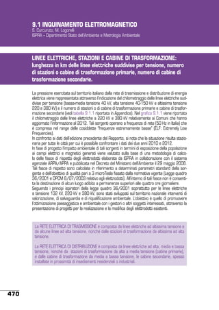 9.1 INQUINAMENTO ELETTROMAGNETICO

S. Curcuruto, M. Logorelli
ISPRA – Dipartimento Stato dell’Ambiente e Metrologia Ambientale

LINEE ELETTRICHE, STAZIONI E CABINE DI TRASFORMAZIONE:
lunghezza in km delle linee elettriche suddivise per tensione, numero
di stazioni o cabine di trasformazione primarie, numero di cabine di
trasformazione secondarie.
La pressione esercitata sul territorio italiano dalla rete di trasmissione e distribuzione di energia
elettrica viene rappresentata attraverso l’indicazione del chilometraggio delle linee elettriche suddivise per tensione (bassa-media tensione 40 kV, alta tensione 40-150 kV e altissima tensione
220 e 380 kV) e il numero di stazioni o di cabine di trasformazione primarie e cabine di trasformazione secondarie (vedi tabella 9.1.1 riportata in Appendice). Nel grafico 9.1.1 viene riportato
il chilometraggio delle linee elettriche a 220 kV e 380 kV relativamente ai Comuni che hanno
aggiornato l’informazione al 2012. Tali sorgenti operano a frequenza di rete (50 Hz in Italia) che
è compresa nel range delle cosiddette “frequenze estremamente basse” (ELF: Extremely Low
Frequencies).
In confronto ai dati dell’edizione precedente del Rapporto, si nota che la situazione risulta stazionaria per tutte le città per cui è possibile confrontare i dati dei due anni 2010 e 2012.
In fase di progetto l’impatto ambientale di tali sorgenti in termini di esposizione della popolazione
ai campi elettrici e magnetici generati viene valutato sulla base di una metodologia di calcolo delle fasce di rispetto degli elettrodotti elaborata da ISPRA in collaborazione con il sistema
agenziale ARPA/APPA e pubblicata nel Decreto del Ministero dell’Ambiente il 29 maggio 2008.
Tali fasce di rispetto sono calcolate in riferimento a determinati parametri standard della sorgente e dell’obiettivo di qualità pari a 3 microTesla fissato dalla normativa vigente (Legge quadro
36/2001 e DPCM 8/07/2003 relativo agli elettrodotti). All’interno di tali fasce non è consentita la destinazione di alcun luogo adibito a permanenze superiori alle quattro ore giornaliere.
Seguendo i principi ispiratori della legge quadro 36/2001 soprattutto per le linee elettriche
a tensione 132 kV, 220 kV e 380 kV, sono stati sviluppati sul territorio nazionale interventi di
valorizzazione, di salvaguardia e di riqualificazione ambientale. L’obiettivo è quello di promuovere
l’ottimizzazione paesaggistica e ambientale con i gestori o altri soggetti interessati, attraverso la
presentazione di progetti per la realizzazione e la modifica degli elettrodotti esistenti.

La RETE ELETTRICA DI TRASMISSIONE è composta da linee elettriche ad altissima tensione e
da alcune linee ad alta tensione, nonché dalle stazioni di trasformazione da altissima ad alta
tensione.
La RETE ELETTRICA DI DISTRIBUZIONE è composta da linee elettriche ad alta, media e bassa
tensione, nonché da stazioni di trasformazione da alta a media tensione (cabine primarie),
e dalle cabine di trasformazione da media a bassa tensione, le cabine secondarie, spesso
installate in prossimità di insediamenti residenziali o industriali.

470

 