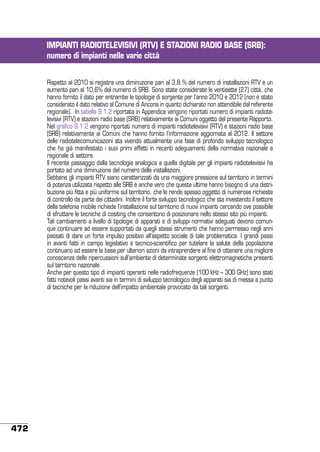 IMPIANTI RADIOTELEVISIVI (RTV) E STAZIONI RADIO BASE (SRB):
numero di impianti nelle varie città
Rispetto al 2010 si registra una diminuzione pari al 3,8 % del numero di installazioni RTV e un
aumento pari al 10,6% del numero di SRB. Sono state considerate le ventisette (27) città, che
hanno fornito il dato per entrambe le tipologie di sorgente per l’anno 2010 e 2012 (non è stato
considerato il dato relativo al Comune di Ancona in quanto dichiarato non attendibile dal referente
regionale). In tabella 9.1.2 riportata in Appendice vengono riportati numero di impianti radiotelevisivi (RTV) e stazioni radio base (SRB) relativamente ai Comuni oggetto del presente Rapporto.
Nel grafico 9.1.2 vengono riportati numero di impianti radiotelevisivi (RTV) e stazioni radio base
(SRB) relativamente ai Comuni che hanno fornito l’informazione aggiornata al 2012. Il settore
delle radiotelecomunicazioni sta vivendo attualmente una fase di profondo sviluppo tecnologico
che ha già manifestato i suoi primi effetti in recenti adeguamenti della normativa nazionale e
regionale di settore.
Il recente passaggio dalla tecnologia analogica a quella digitale per gli impianti radiotelevisivi ha
portato ad una diminuzione del numero delle installazioni.
Sebbene gli impianti RTV siano caratterizzati da una maggiore pressione sul territorio in termini
di potenza utilizzata rispetto alle SRB è anche vero che queste ultime hanno bisogno di una distribuzione più fitta e più uniforme sul territorio, che le rende spesso oggetto di numerose richieste
di controllo da parte dei cittadini. Inoltre il forte sviluppo tecnologico che sta investendo il settore
della telefonia mobile richiede l’installazione sul territorio di nuovi impianti cercando ove possibile
di sfruttare le tecniche di cositing che consentono di posizionare nello stesso sito più impianti.
Tali cambiamenti a livello di tipologie di apparati e di sviluppi normativi adeguati devono comunque continuare ad essere supportati da quegli stessi strumenti che hanno permesso negli anni
passati di dare un forte impulso positivo all’aspetto sociale di tale problematica. I grandi passi
in avanti fatti in campo legislativo e tecnico-scientifico per tutelare la salute della popolazione
continuano ad essere la base per ulteriori azioni da intraprendere al fine di ottenere una migliore
conoscenza delle ripercussioni sull’ambiente di determinate sorgenti elettromagnetiche presenti
sul territorio nazionale.
Anche per questo tipo di impianti operanti nelle radiofrequenze (100 kHz – 300 GHz) sono stati
fatti notevoli passi avanti sia in termini di sviluppo tecnologico degli apparati sia di messa a punto
di tecniche per la riduzione dell’impatto ambientale provocato da tali sorgenti.

472

 