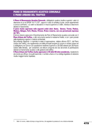PIANO DI RISANAMENTO ACUSTICO COMUNALE
E PIANO URBANO DEL TRAFFICO
Il Piano di Risanamento Acustico Comunale, obbligatorio qualora risultino superati i valori di
attenzione di cui al DPCM 14/11/971, oppure in caso di contatto di aree, anche appartenenti
a comuni confinanti, i cui valori si discostino in misura superiore a 5 dBA, individua e descrive le
attività di risanamento.
Il piano risulta approvato nelle seguenti undici città: Aosta, Genova, Trento, Padova,
Modena, Bologna, Forlì, Pistoia, Firenze, Prato e Livorno, con una percentuale espressa
del 18%.
I Comuni devono assicurare il Coordinamento dei Piani di Risanamento acustico comunale con il
Piano Urbano del Traffico, o altro strumento avente le medesime finalità, e con i piani previsti
dalla legislazione vigente in materia ambientale.
Nel presente Rapporto è riportato lo stato di approvazione, relativo all’anno 2011, del Piano
Urbano del Traffico, che regolamenta una delle principali sorgenti di rumore in ambito urbano ed
è obbligatorio nei Comuni con popolazione residente superiore a 30.000 abitanti (art.36 Nuovo
Codice della Strada), per consentire una lettura congiunta dei due strumenti di pianificazione
dedicati al risanamento acustico e alla gestione del traffico.
Il Piano Urbano del Traffico risulta approvato in 55 delle 60 città considerate, risultando lo
strumento più diffuso, tra quelli esaminati, in ambito urbano e il cui obbligo legislativo di adozione
risulta maggiormente rispettato.

1	

Valori di rumore, relativi al tempo a lungo termine, che segnalano la presenza di una criticità ambientale

479

 