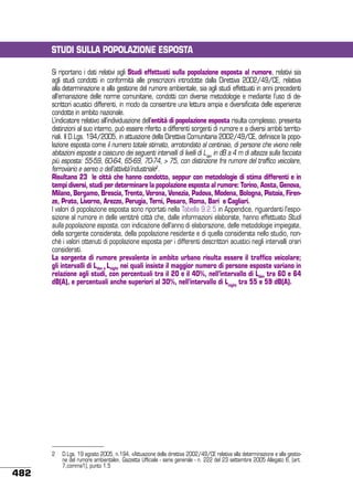 STUDI SULLA POPOLAZIONE ESPOSTA
Si riportano i dati relativi agli Studi effettuati sulla popolazione esposta al rumore, relativi sia
agli studi condotti in conformità alle prescrizioni introdotte dalla Direttiva 2002/49/CE, relativa
alla determinazione e alla gestione del rumore ambientale, sia agli studi effettuati in anni precedenti
all’emanazione delle norme comunitarie, condotti con diverse metodologie e mediante l’uso di descrittori acustici differenti, in modo da consentire una lettura ampia e diversificata delle esperienze
condotte in ambito nazionale.
L’indicatore relativo all’individuazione dell’entità di popolazione esposta risulta complesso, presenta
distinzioni al suo interno, può essere riferito a differenti sorgenti di rumore e a diversi ambiti territoriali. Il D.Lgs. 194/2005, in attuazione della Direttiva Comunitaria 2002/49/CE, definisce la popolazione esposta come il numero totale stimato, arrotondato al centinaio, di persone che vivono nelle
abitazioni esposte a ciascuno dei seguenti intervalli di livelli di Lden in dB a 4 m di altezza sulla facciata
più esposta: 55-59, 60-64, 65-69, 70-74, > 75, con distinzione fra rumore del traffico veicolare,
ferroviario e aereo o dell’attività’industriale2.
Risultano 23 le città che hanno condotto, seppur con metodologie di stima differenti e in
tempi diversi, studi per determinare la popolazione esposta al rumore: Torino, Aosta, Genova,
Milano, Bergamo, Brescia, Trento, Verona, Venezia, Padova, Modena, Bologna, Pistoia, Firenze, Prato, Livorno, Arezzo, Perugia, Terni, Pesaro, Roma, Bari e Cagliari.
I valori di popolazione esposta sono riportati nella Tabella 9.2.5 in Appendice, riguardanti l’esposizione al rumore in delle ventitré città che, dalle informazioni elaborate, hanno effettuato Studi
sulla popolazione esposta, con indicazione dell’anno di elaborazione, delle metodologie impiegate,
della sorgente considerata, della popolazione residente e di quella considerata nello studio, nonché i valori ottenuti di popolazione esposta per i differenti descrittori acustici negli intervalli orari
considerati.
La sorgente di rumore prevalente in ambito urbano risulta essere il traffico veicolare;
gli intervalli di Lden e Lnight nei quali insiste il maggior numero di persone esposte variano in
relazione agli studi, con percentuali tra il 20 e il 40%, nell’intervallo di Lden tra 60 e 64
dB(A), e percentuali anche superiori al 30%, nell’intervallo di Lnight tra 55 e 59 dB(A).

482

2	 D.Lgs. 19 agosto 2005, n.194, «Attuazione della direttiva 2002/49/CE relativa alla determinazione e alla gestione del rumore ambientale», Gazzetta Ufficiale - serie generale - n. 222 del 23 settembre 2005 Allegato 6, (art.
7,comma1), punto 1.5

 