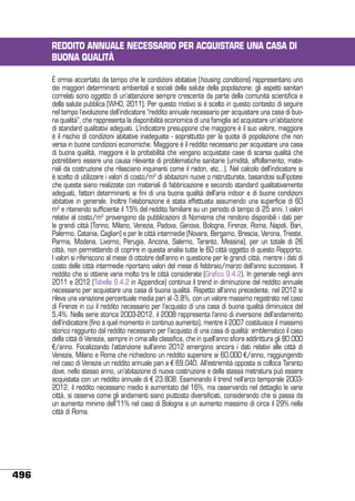 REDDITO ANNUALE NECESSARIO PER ACQUISTARE UNA CASA DI
BUONA QUALITÀ
È ormai accertato da tempo che le condizioni abitative (housing conditions) rappresentano uno
dei maggiori determinanti ambientali e sociali della salute della popolazione; gli aspetti sanitari
correlati sono oggetto di un’attenzione sempre crescente da parte della comunità scientifica e
della salute pubblica [WHO, 2011]. Per questo motivo si è scelto in questo contesto di seguire
nel tempo l’evoluzione dell’indicatore “reddito annuale necessario per acquistare una casa di buona qualità”, che rappresenta la disponibilità economica di una famiglia ad acquistare un’abitazione
di standard qualitativi adeguati. L’indicatore presuppone che maggiore è il suo valore, maggiore
è il rischio di condizioni abitative inadeguate - soprattutto per la quota di popolazione che non
versa in buone condizioni economiche. Maggiore è il reddito necessario per acquistare una casa
di buona qualità, maggiore è la probabilità che vengano acquistate case di scarsa qualità che
potrebbero essere una causa rilevante di problematiche sanitarie (umidità, affollamento, materiali da costruzione che rilasciano inquinanti come il radon, etc…). Nel calcolo dell’indicatore si
è scelto di utilizzare i valori di costo/m2 di abitazioni nuove o ristrutturate, basandosi sull’ipotesi
che queste siano realizzate con materiali di fabbricazione e secondo standard qualitativamente
adeguati, fattori determinanti ai fini di una buona qualità dell’aria indoor e di buone condizioni
abitative in generale. Inoltre l’elaborazione è stata effettuata assumendo una superficie di 60
m2 e ritenendo sufficiente il 15% del reddito familiare su un periodo di tempo di 25 anni. I valori
relativi al costo/m2 provengono da pubblicazioni di Nomisma che rendono disponibili i dati per
le grandi città (Torino, Milano, Venezia, Padova, Genova, Bologna, Firenze, Roma, Napoli, Bari,
Palermo, Catania, Cagliari) e per le città intermedie (Novara, Bergamo, Brescia, Verona, Trieste,
Parma, Modena, Livorno, Perugia, Ancona, Salerno, Taranto, Messina), per un totale di 26
città, non permettendo di coprire in questa analisi tutte le 60 città oggetto di questo Rapporto.
I valori si riferiscono al mese di ottobre dell’anno in questione per le grandi città, mentre i dati di
costo delle città intermedie riportano valori del mese di febbraio/marzo dell’anno successivo. Il
reddito che si ottiene varia molto tra le città considerate (Grafico 9.4.2). In generale negli anni
2011 e 2012 (Tabella 9.4.2 in Appendice) continua il trend in diminuzione del reddito annuale
necessario per acquistare una casa di buona qualità. Rispetto all’anno precedente, nel 2012 si
rileva una variazione percentuale media pari al -3,8%, con un valore massimo registrato nel caso
di Firenze in cui il reddito necessario per l’acquisto di una casa di buona qualità diminuisce del
5,4%. Nella serie storica 2003-2012, il 2008 rappresenta l’anno di inversione dell’andamento
dell’indicatore (fino a quel momento in continuo aumento), mentre il 2007 costituisce il massimo
storico raggiunto dal reddito necessario per l’acquisto di una casa di qualità: emblematico il caso
della città di Venezia, sempre in cima alla classifica, che in quell’anno sfiora addirittura gli 80.000
€/anno. Focalizzando l’attenzione sull’anno 2012 emergono ancora i dati relativi alle città di
Venezia, Milano e Roma che richiedono un reddito superiore ai 60.000 €/anno, raggiungendo
nel caso di Venezia un reddito annuale pari a € 69.040. All’estremità opposta si colloca Taranto
dove, nello stesso anno, un’abitazione di nuova costruzione e della stessa metratura può essere
acquistata con un reddito annuale di € 23.808. Esaminando il trend nell’arco temporale 20032012, il reddito necessario medio è aumentato del 16%, ma osservando nel dettaglio le varie
città, si osserva come gli andamenti siano piuttosto diversificati, considerando che si passa da
un aumento minimo dell’11% nel caso di Bologna a un aumento massimo di circa il 29% nella
città di Roma.

496

 