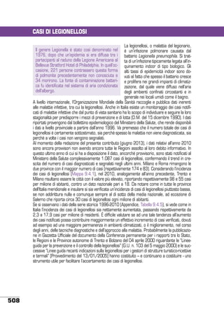 CASI DI LEGIONELLOSI
La legionellosi, o malattia del legionario,
è un’infezione polmonare causata dal
batterio Legionella pneumophila. Si tratta di un’infezione tipicamente legata all’inquinamento indoor di tipo biologico. Gli
alti tassi di epidemicità indoor sono dovuti al fatto che spesso il batterio cresce
e prolifera nei grandi impianti di climatizzazione, dal quale viene diffuso nell’aria
degli ambienti confinati circostanti e in
generale nei locali umidi come il bagno.
A livello internazionale, l’Organizzazione Mondiale della Sanità raccoglie e pubblica dati inerenti
alle malattie infettive, tra cui la legionellosi. Anche in Italia esiste un monitoraggio dei casi notificati di malattie infettive che dal punto di vista sanitario ha lo scopo di individuare e seguire la loro
stagionalità per predisporre i mezzi di prevenzione e di lotta (D.M. del 15 dicembre 1990). I dati
riportati provengono dal bollettino epidemiologico del Ministero della Salute, che rende disponibili
i dati a livello provinciale a partire dall’anno 1996. Va premesso che il numero totale dei casi di
legionellosi è certamente sottostimato, sia perché spesso la malattia non viene diagnosticata, sia
perché a volte i casi non vengono segnalati.
Al momento della redazione del presente contributo (giugno 2013), i dati relativi all’anno 2010
sono ancora provvisori non avendo ancora tutte le Regioni assolto al loro debito informativo. In
questo ultimo anno di cui si ha a disposizione il dato, ancorché provvisorio, sono stati notificati al
Ministero della Salute complessivamente 1.087 casi di legionellosi, confermando il trend in crescita del numero di casi diagnosticati e segnalati negli ultimi anni. Milano e Roma rimangono le
due province con il maggior numero di casi (rispettivamente 174 e 83). Considerando l’incidenza
dei casi di legionellosi (Mappa 9.4.1), nel 2010, analogamente all’anno precedente, Trento e
Milano risultano essere le città con il valore più elevato, riportando rispettivamente 98 e 55 casi
per milione di abitanti, contro un dato nazionale pari a 18. Da notare come in tutte le province
dell’Italia meridionale e insulare si sia verificata un’incidenza di casi di legionellosi piuttosto bassa,
se non addirittura nulla e comunque sempre al di sotto della media nazionale, ad eccezione di
Salerno che riporta circa 30 casi di legionellosi ogni milione di abitanti.
Se si osservano i dati della serie storica 1996-2010 (Appendice, Tabella 9.4.5), si vede come in
Italia l’incidenza dei casi di legionellosi sia nettamente aumentata, passando rispettivamente da
2,3 a 17,9 casi per milione di residenti. È difficile valutare se ad una tale tendenza all’aumento
dei casi notificati possa contribuire maggiormente un effettivo incremento di casi verificati, dovuti
ad esempio ad una maggiore permanenza in ambienti climatizzati, o il miglioramento, nel corso
degli anni, delle tecniche diagnostiche e dell’approccio alla malattia. Probabilmente la pubblicazione in Gazzetta Ufficiale del documento della Conferenza permanente per i rapporti tra lo Stato,
le Regioni e le Province autonome di Trento e Bolzano del 04 aprile 2000 riguardante le “Lineeguida per la prevenzione e il controllo della legionellosi” (G.U. n. 103 del 5 maggio 2000) e le successive “Linee guida recanti indicazioni sulla legionellosi per i gestori di strutture turistico-ricettive
e termali” [Provvedimento del 13/01/2005] hanno costituito – e continuano a costituire - uno
strumento utile per facilitare l’accertamento dei casi di legionellosi.
Il genere Legionella è stato così denominato nel
1976, dopo che un’epidemia si era diffusa tra i
partecipanti al raduno della Legione Americana al
Bellevue Stratford Hotel di Philadelphia. In quell’occasione, 221 persone contrassero questa forma
di polmonite precedentemente non conosciuta e
34 morirono. La fonte di contaminazione batterica fu identificata nel sistema di aria condizionata
dell’albergo.

508

 