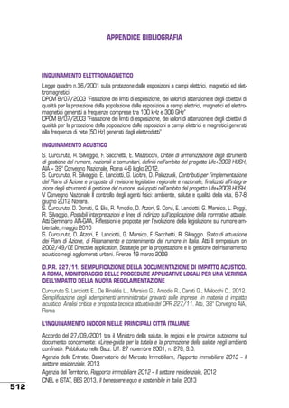 APPENDICE Bibliografia

INQUINAMENTO ELETTROMAGNETICO
Legge quadro n.36/2001 sulla protezione dalle esposizioni a campi elettrici, magnetici ed elettromagnetici
DPCM 8/07/2003 “Fissazione dei limiti di esposizione, dei valori di attenzione e degli obiettivi di
qualità per la protezione della popolazione dalle esposizioni a campi elettrici, magnetici ed elettromagnetici generati a frequenze comprese tra 100 kHz e 300 GHz”
DPCM 8/07/2003 “Fissazione dei limiti di esposizione, dei valori di attenzione e degli obiettivi di
qualità per la protezione della popolazione dalle esposizioni a campi elettrici e magnetici generati
alla frequenza di rete (50 Hz) generati dagli elettrodotti”
INQUINAMENTO ACUSTICO
S. Curcuruto, R. Silvaggio, F. Sacchetti, E. Mazzocchi, Criteri di armonizzazione degli strumenti
di gestione del rumore, nazionali e comunitari, definiti nell’ambito del progetto Life+2008 HUSH,
AIA – 39° Convegno Nazionale, Roma 4-6 luglio 2012.
S. Curcuruto, R. Silvaggio, E. Lanciotti, G. Licitra, D. Palazzuoli, Contributi per l’implementazione
del Piano di Azione e proposte di revisione legislativa regionale e nazionale, finalizzati all’integrazione degli strumenti di gestione del rumore, sviluppati nell’ambito del progetto Life+2008 HUSH,
V Convegno Nazionale Il controllo degli agenti fisici: ambiente, salute e qualità della vita, 6-7-8
giugno 2012 Novara.
S. Curcuruto, D. Donati, G. Elia, R. Amodio, D. Atzori, S. Corvi, E. Lanciotti, G. Marsico, L. Poggi,
R. Silvaggio, Possibili interpretazioni e linee di indirizzo sull’applicazione della normativa attuale.
Atti Seminario AIA-GAA, Riflessioni e proposte per l’evoluzione della legislazione sul rumore ambientale, maggio 2010
S. Curcuruto, D. Atzori, E. Lanciotti, G. Marsico, F. Sacchetti, R. Silvaggio. Stato di attuazione
dei Piani di Azione, di Risanamento e contenimento del rumore in Italia. Atti II symposium on
2002/49/CE Directive application, Strategie per la progettazione e la gestione del risanamento
acustico negli agglomerati urbani. Firenze 19 marzo 2009
D.P.R. 227/11. Semplificazione della documentazione di impatto acustico.
A Roma, monitoraggio delle procedure applicative locali per una verifica
dell’impatto della nuova regolamentazione
Curcuruto S. Lanciotti E., De Rinaldis L., Marsico G., Amodio R., Carati G., Melocchi C., 2012.
Semplificazione degli adempimenti amministrativi gravanti sulle imprese in materia di impatto
acustico. Analisi critica e proposta tecnica attuativa del DPR 227/11. Atti, 38° Convegno AIA,
Roma
L’INQUINAMENTO INDOOR NELLE PRINCIPALI CITTà ITALIANE

512

Accordo del 27/09/2001 tra il Ministro della salute, le regioni e le province autonome sul
documento concernente: «Linee-guida per la tutela e la promozione della salute negli ambienti
confinati». Pubblicato nella Gazz. Uff. 27 novembre 2001, n. 276, S.O.
Agenzia delle Entrate, Osservatorio del Mercato Immobiliare, Rapporto immobiliare 2013 – Il
settore residenziale, 2013
Agenzia del Territorio, Rapporto immobiliare 2012 – Il settore residenziale, 2012
CNEL e ISTAT, BES 2013, Il benessere equo e sostenibile in Italia, 2013

 