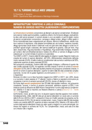 10.1 IL TURISMO NELLE AREE URBANE
G. Finocchiaro, S. Iaccarino
ISPRA – Dipartimento Stato dell’Ambiente e Metrologia Ambientale

INFRASTRUTTURE TURISTICHE A LIVELLO COMUNALE:
NUMERO DI ESERCIZI RICETTIVI (ALBERGHIERI E COMPLEMENTARI)
Le infrastrutture turistiche comprendono gli alberghi e gli esercizi complementari. Gli alberghi
sono esercizi ricettivi aperti al pubblico, a gestione unitaria, che forniscono alloggio, eventualmente vitto e altri servizi accessori, in camere ubicate in uno o più stabili o in parti di stabili, mentre
gli esercizi complementari comprendono: campeggi e villaggi turistici, alloggi in affitto gestiti in
forma imprenditoriale (case e appartamenti per vacanze, esercizi di affittacamere, attività ricettive in esercizi di ristorazione, unità abitative ammobiliate per uso turistico, residence, locande),
alloggi agro-turistici (locali situati in fabbricati rurali nei quali viene dato alloggio a turisti da imprenditori agricoli singoli o associati), altri esercizi (ostelli per la gioventù, case per ferie, rifugi
alpini, bivacchi fissi, rifugi escursionistici o rifugi-albergo, rifugi sociali d’alta montagna, foresterie
per turisti) e Bed and Breakfast (strutture ricettive che offrono un servizio di alloggio e prima
colazione per un numero limitato di camere e/o posti letto).
Tra il 2007 e il 2011, l’insieme delle 60 città oggetto di indagine in questo Rapporto mostra una
crescita del numero di esercizi alberghieri, del 3,5%, differenziandosi notevolmente dall’andamento nazionale (-0,4%). A livello di esercizi complementari tale aumento è addirittura del 50%,
nettamente superiore al valore nazionale (23,5%).
Nel quinquennio considerato, l’insieme delle città oggetto d’indagine, a differenza di quanto rilevato a livello nazionale (-0,4%), ha registrato una lieve crescita in termini di numero di esercizi
alberghieri (3,5%). Ben 21 delle città studiate presenta nel quinquennio considerato crescite, in
termini di numero di esercizi alberghieri, superiori al valore delle 60 città considerate complessivamente, ma ben 22 di queste registrano una diminuzione (Grafico 10.1.1 – Tabella 10.1.1
in Appendice).
Siracusa è la città in cui si rileva l’aumento mag