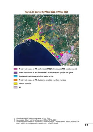Figura 2.3.3 Salerno: Dal PRG del 2003 al PUC del 2008

Aree di trasformazione del PUC riconfermate dal PRG (AT_R: residenziali, AT_PS: produttive e servizi)
Aree di trasformazione nel PRG cambiate nel PUC in verde attrezzato, sport o in aree agricole
Nuove aree di trasformazione del PUC non previste nel PRG
Aree di trasformazione del PRG attuate ormai consolidate in territorio urbanizzato
Territorio urbanizzato
ASI

(1)	 Architetto e urbanista spagnolo – Barcellona, 20/12/1925
(2)	 Approvato con Delibera della Giunta Regionale n. 287 del 12/06/2012
(3)	 Anche considerando in futuro un cambiamento di tendenza (pareggio o leggera crescita), la stima pari a 180.000
abitanti (più di un terzo della popolazione attuale) appare sovradimensionata

45

 