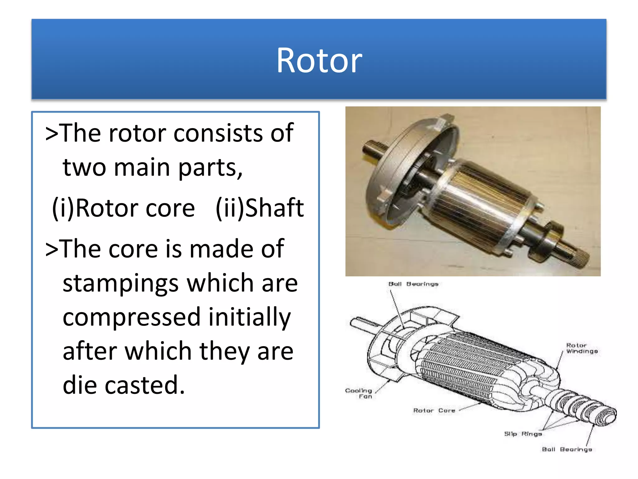 Rotor
>The rotor consists of
two main parts,
(i)Rotor core (ii)Shaft
>The core is made of
stampings which are
compressed initially
after which they are
die casted.
 