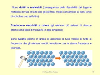 Sono duttili e malleabili (conseguenza della flessibilità del legame
metallico dovuta al fatto che gli elettroni mobili consentono ai piani ionici
di scivolare uno sull’altro)
Conducono elettricità e calore (gli elettroni più esterni di ciascun
atomo sono liberi di muoversi in ogni direzione)
Sono lucenti poiché in grado di assorbire la luce visibile di tutte le
frequenze che gli elettroni mobili riemettono con la stessa frequenza e
intensità.
Prof.ssa Pina RussoProf.ssa Pina Russo 1616
 